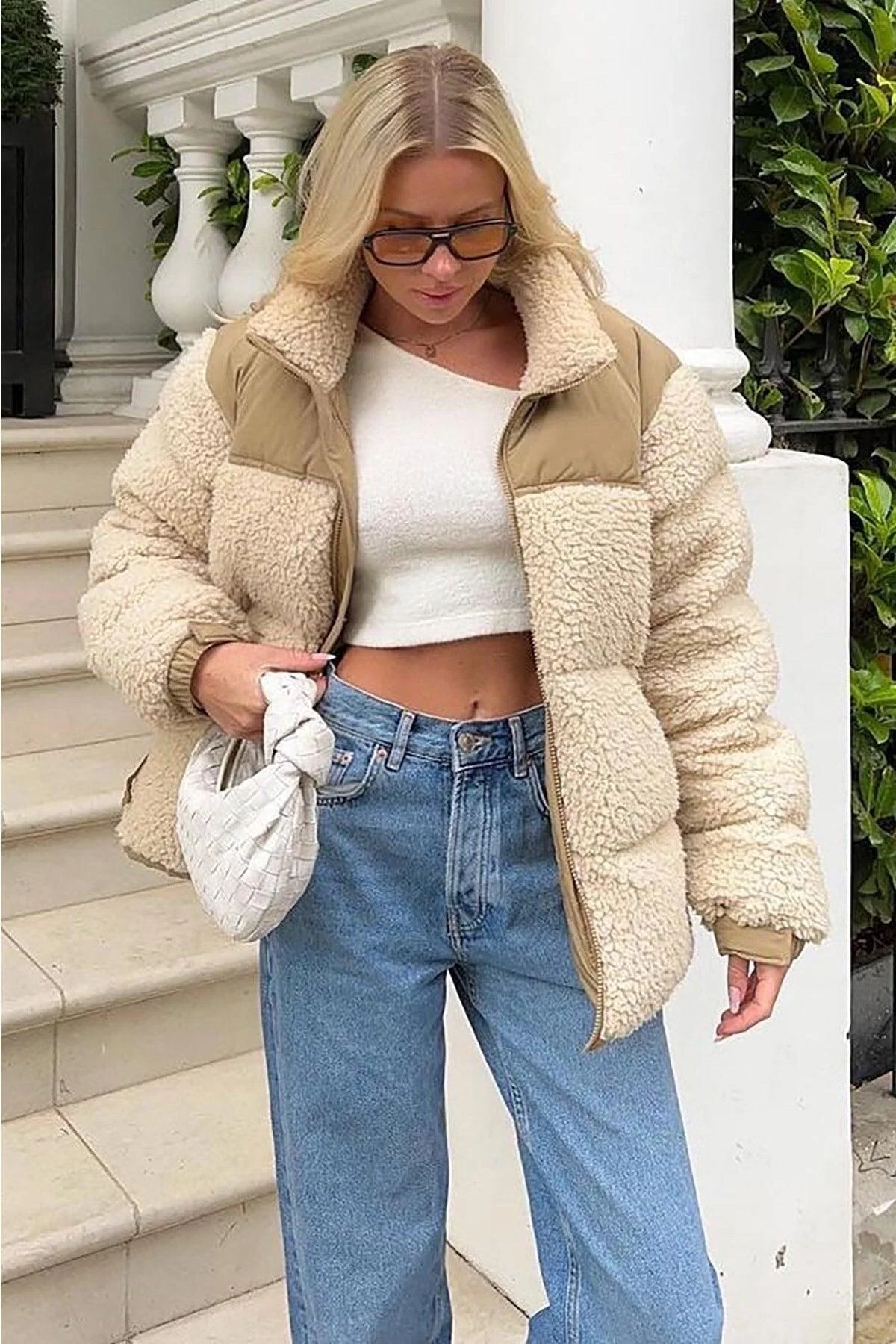 Women's beige plush oversized winter coat