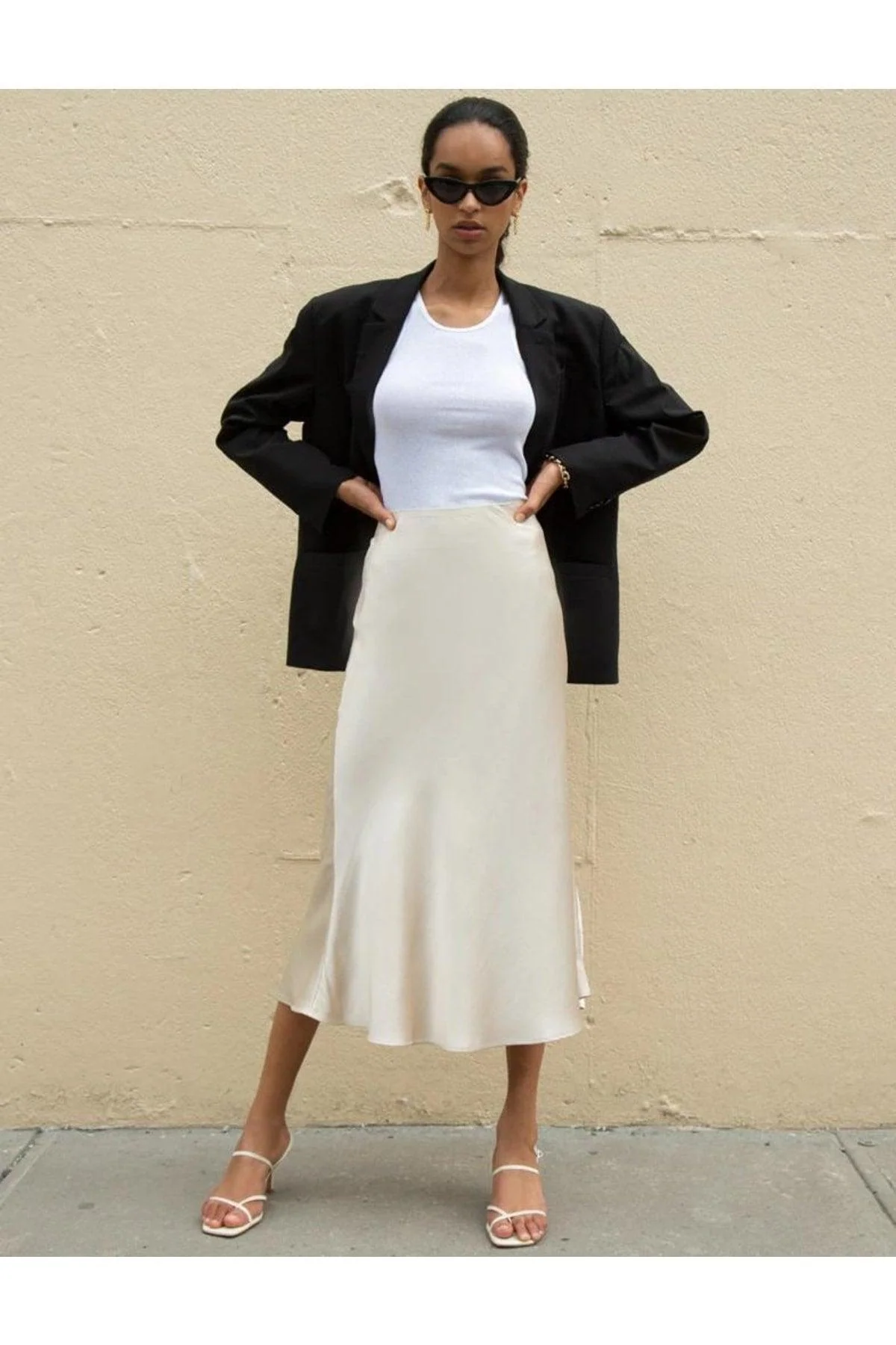 Beige satin midi skirt