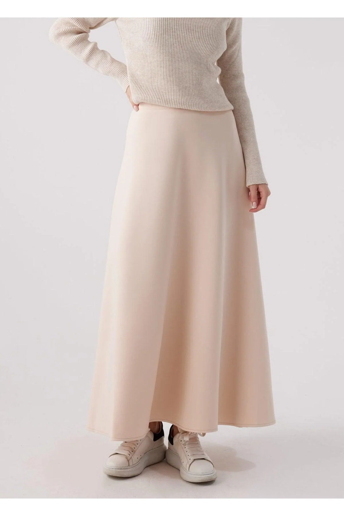Beige Scuba Long Skirt with Concealed Zipper