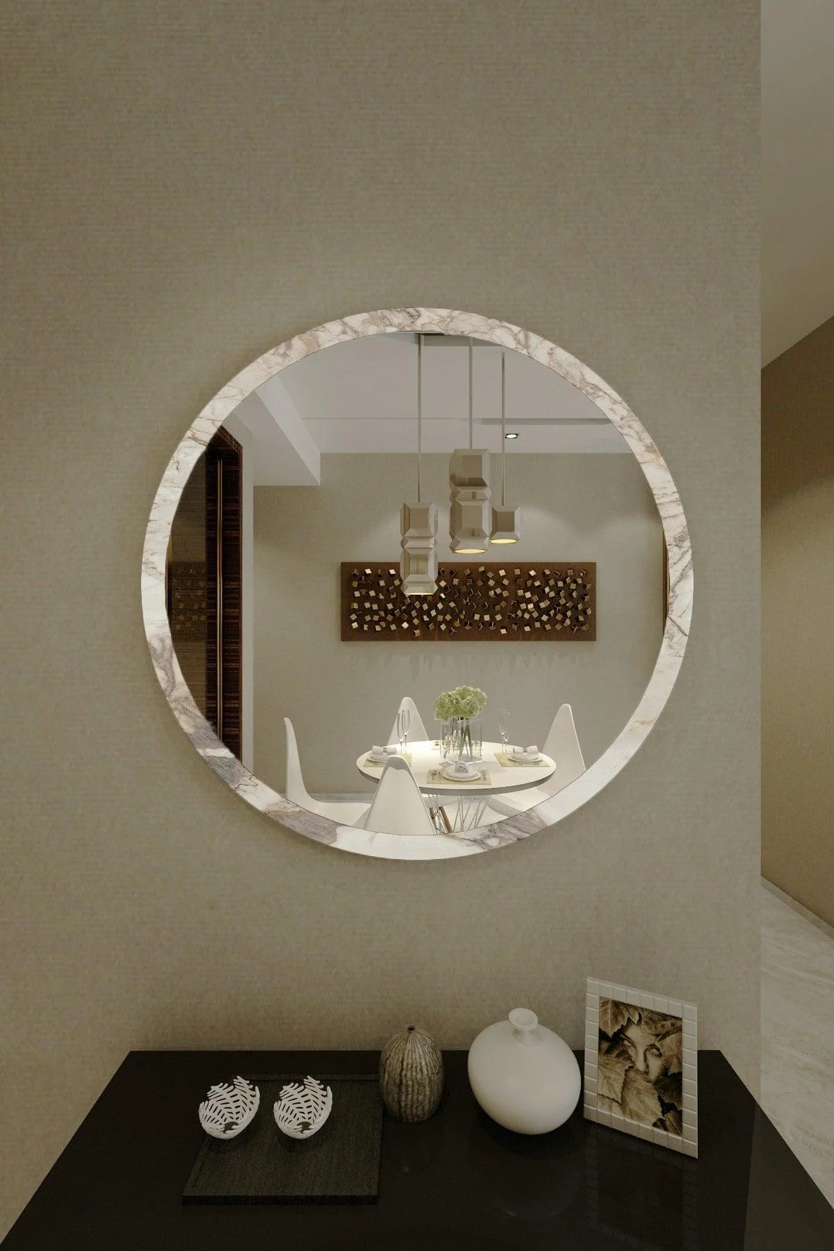 Round Marble‑Pattern Wall Mirror – 59 cm Diameter, Washable Finish