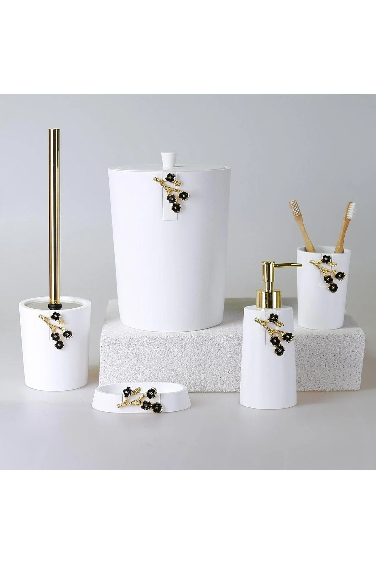 5-piece white resin bathroom set with soap dispensers, toothbrush holder and toilet brush