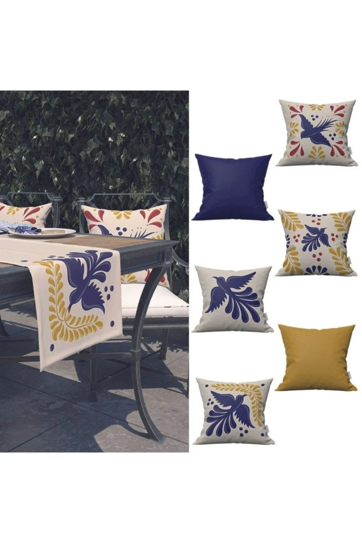 Stain-resistant bird motif table runner and pillow covers set
