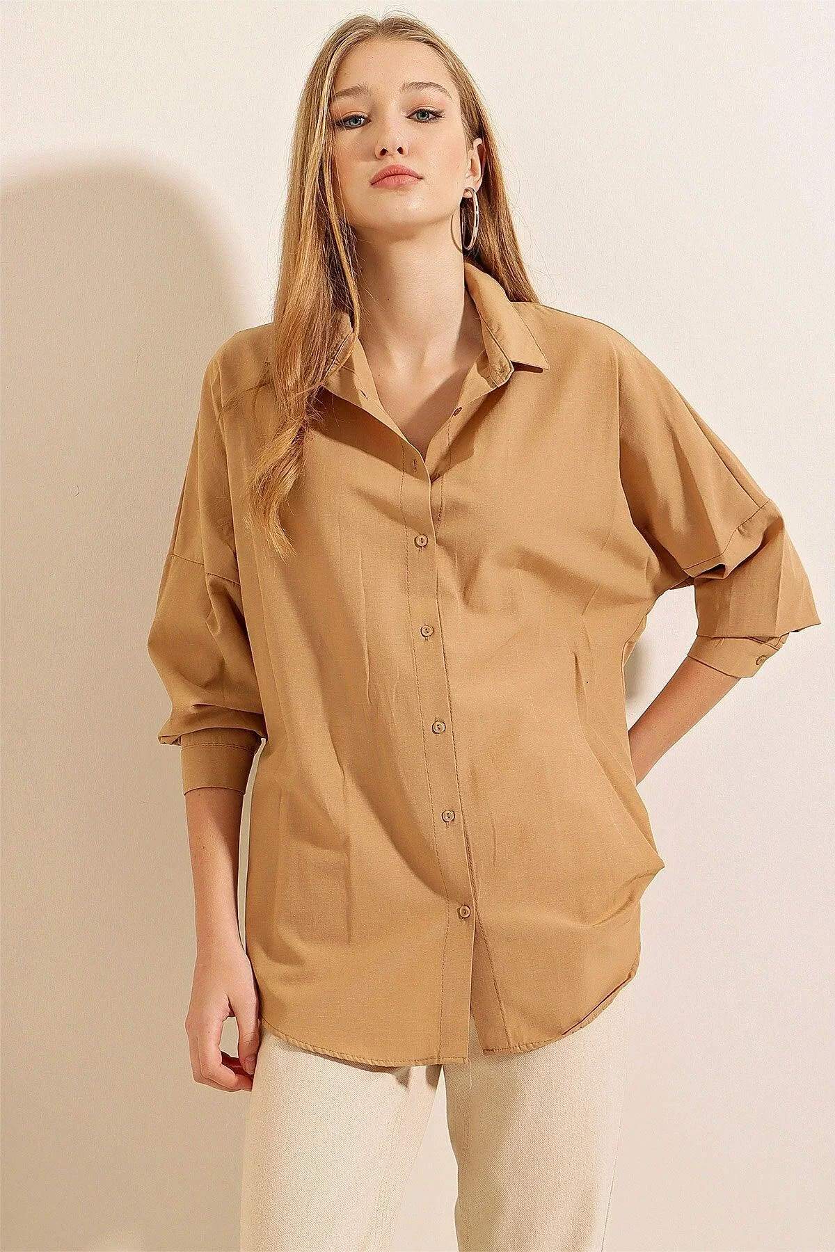 Oversized long shirt in warm biscuit tone cotton blend