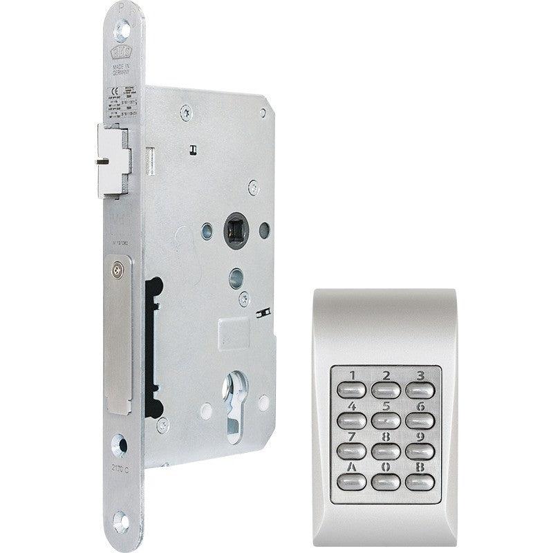 Wireless door lock system with battery-powered remote keypad