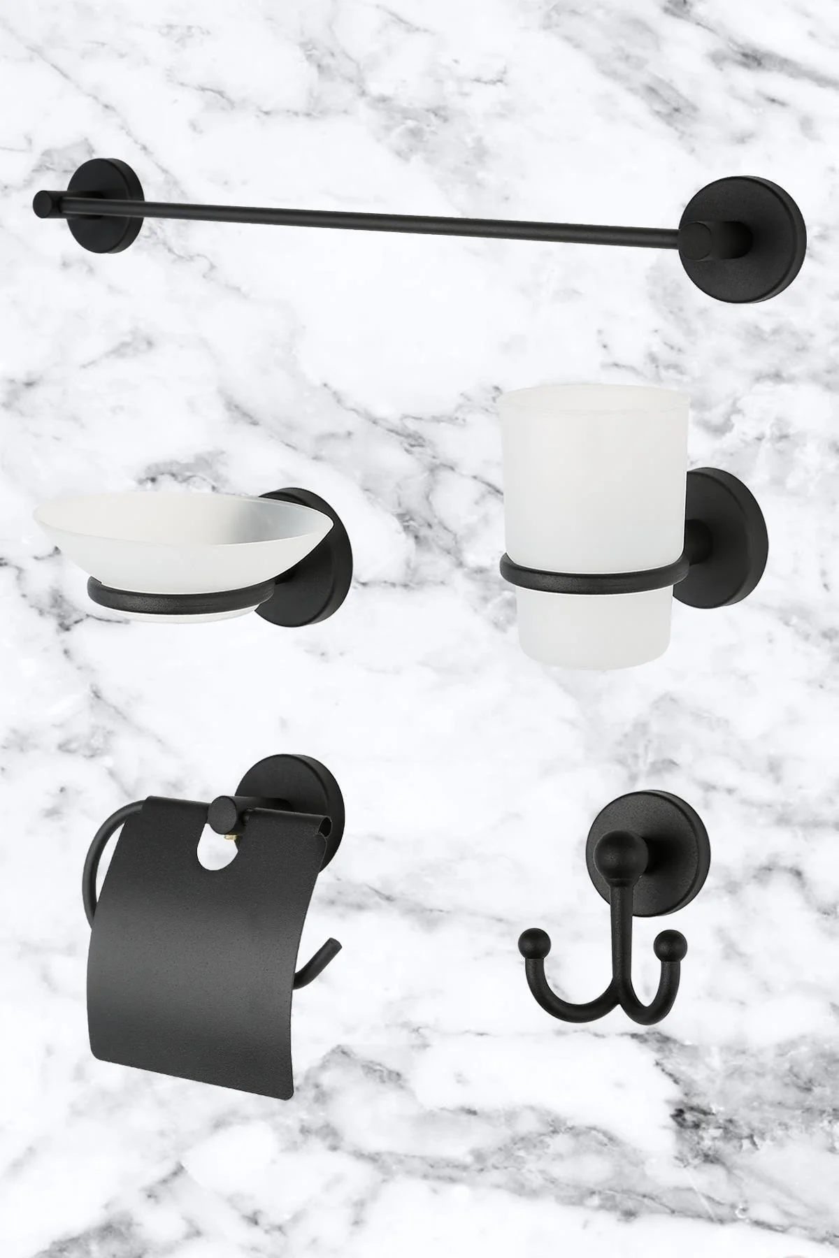 5-piece black metal bathroom accessory set with screw-in mounting