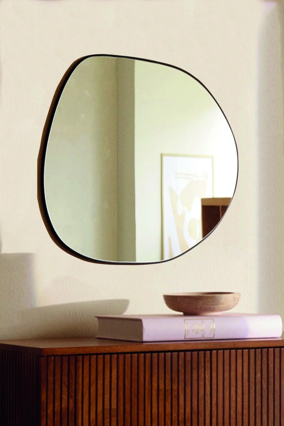 Black asymmetrical wall mirror 66 x 68 cm with hanging kit