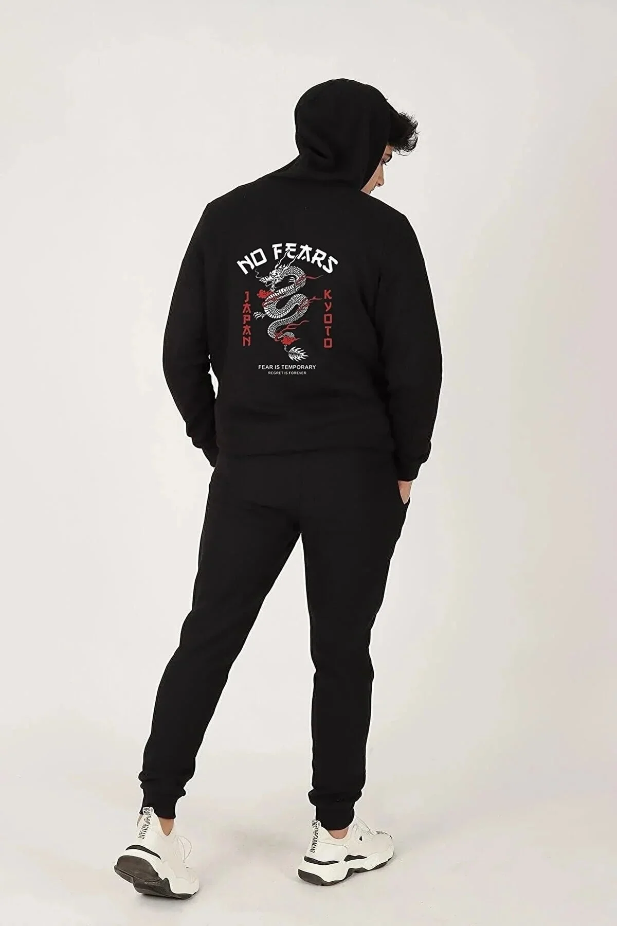 Men's Black Dragon Print Tracksuit Set with Wool Lining