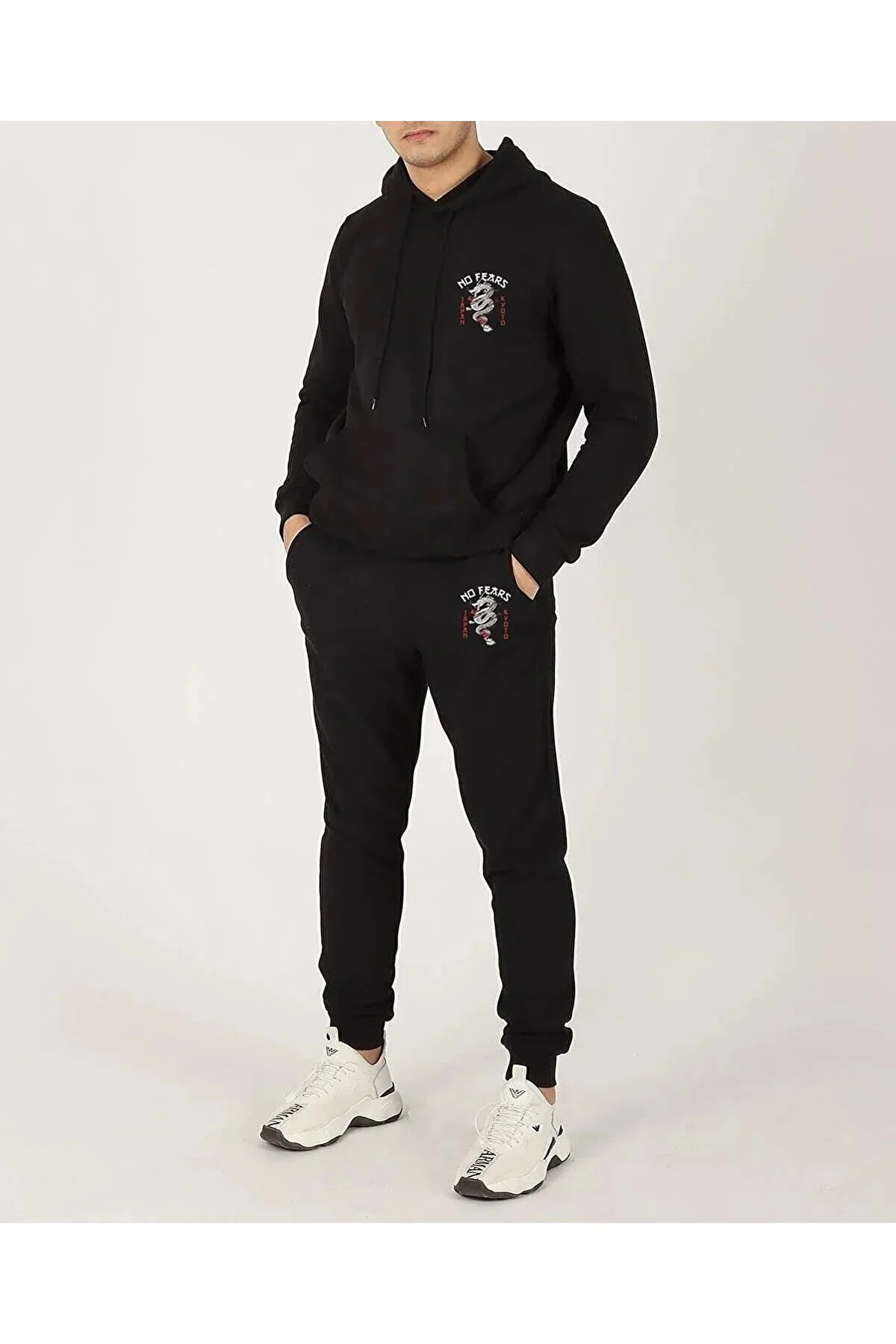 Men's Black Dragon Print Tracksuit Set with Wool Lining