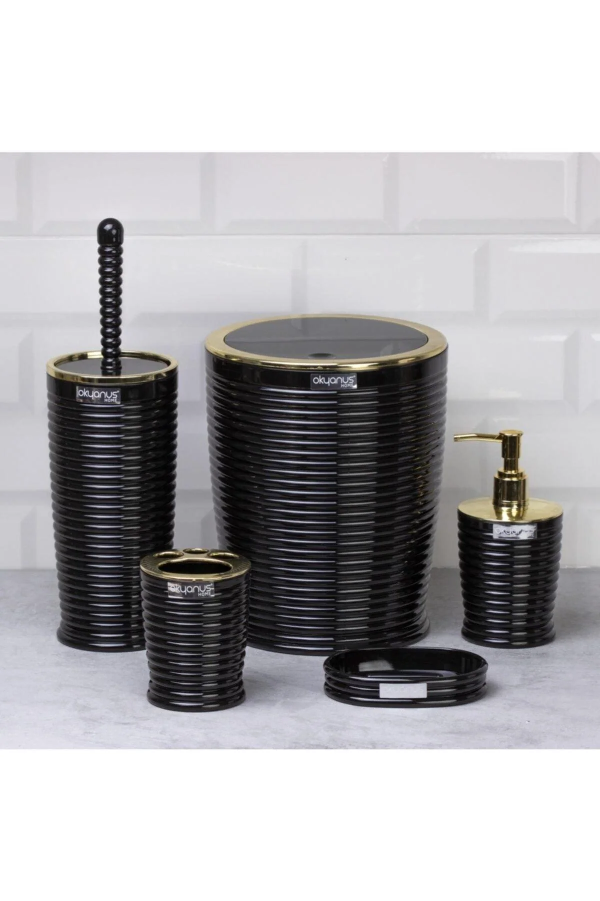 5-piece bathroom organizer set in black with gold accents