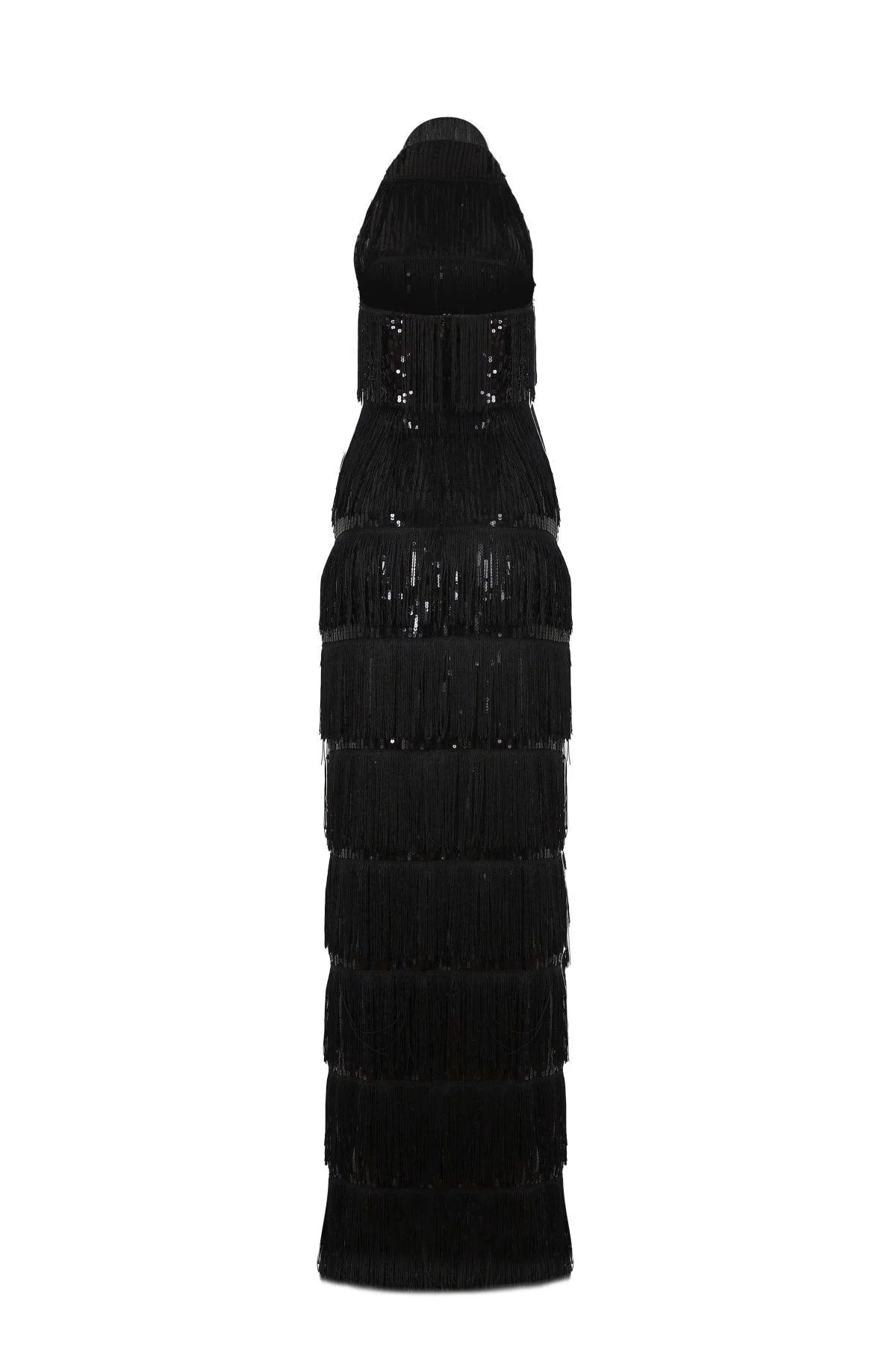 Women's lined sequin evening dress with fringe detail