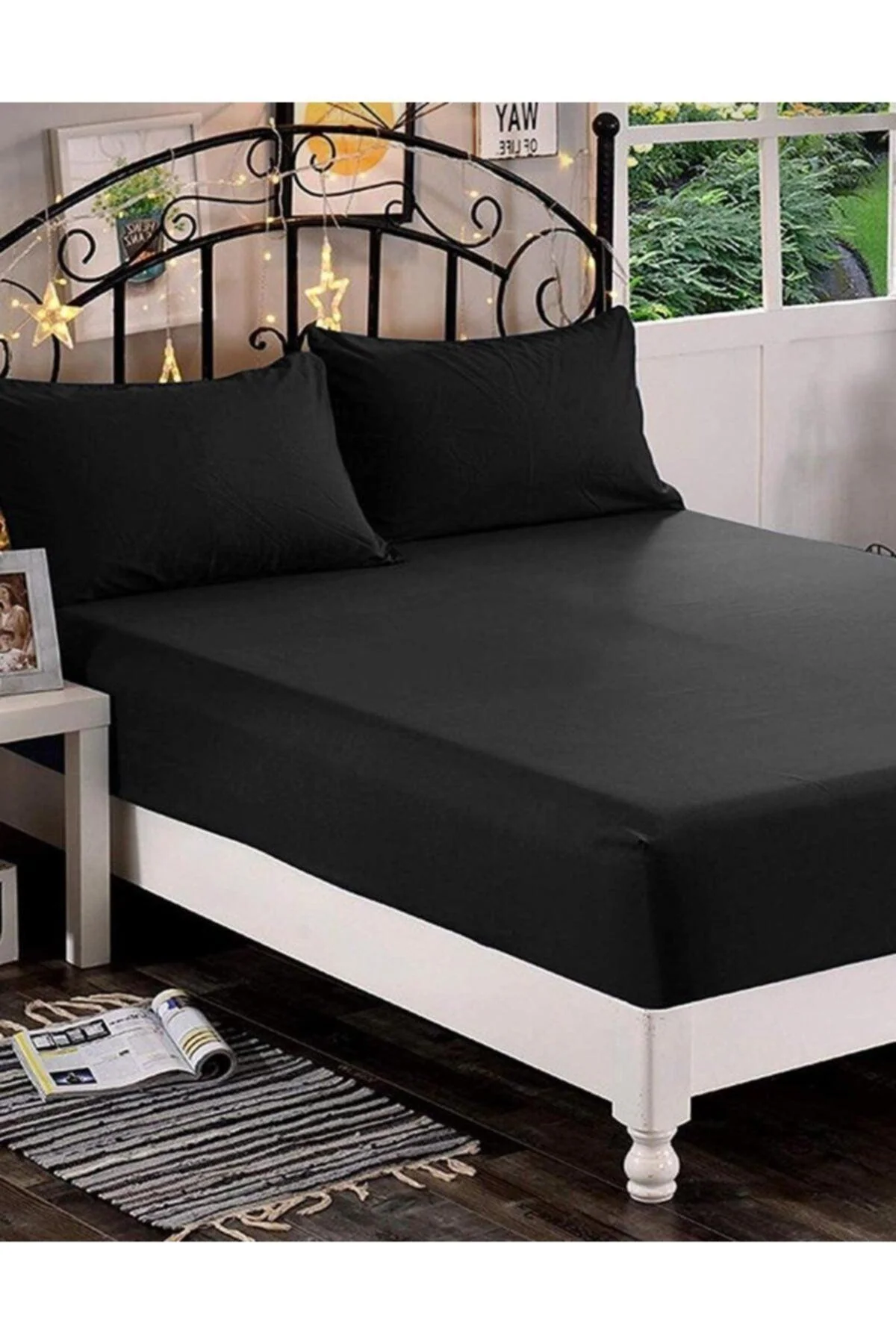 Black Elastic Bed Sheet Set – 100% Cotton, Fitted Sheet and Pillowcase