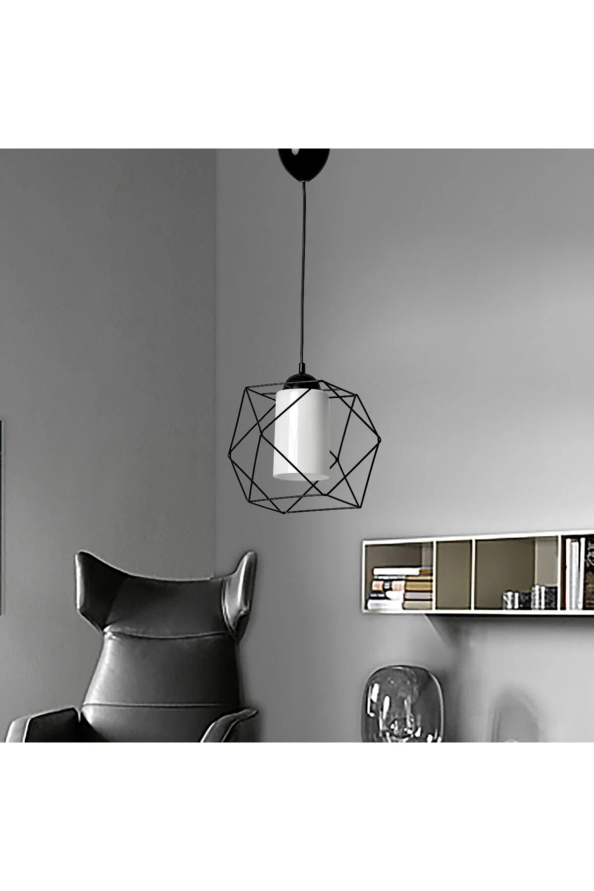 Black metal pendant lamp with white acrylic shade and adjustable height