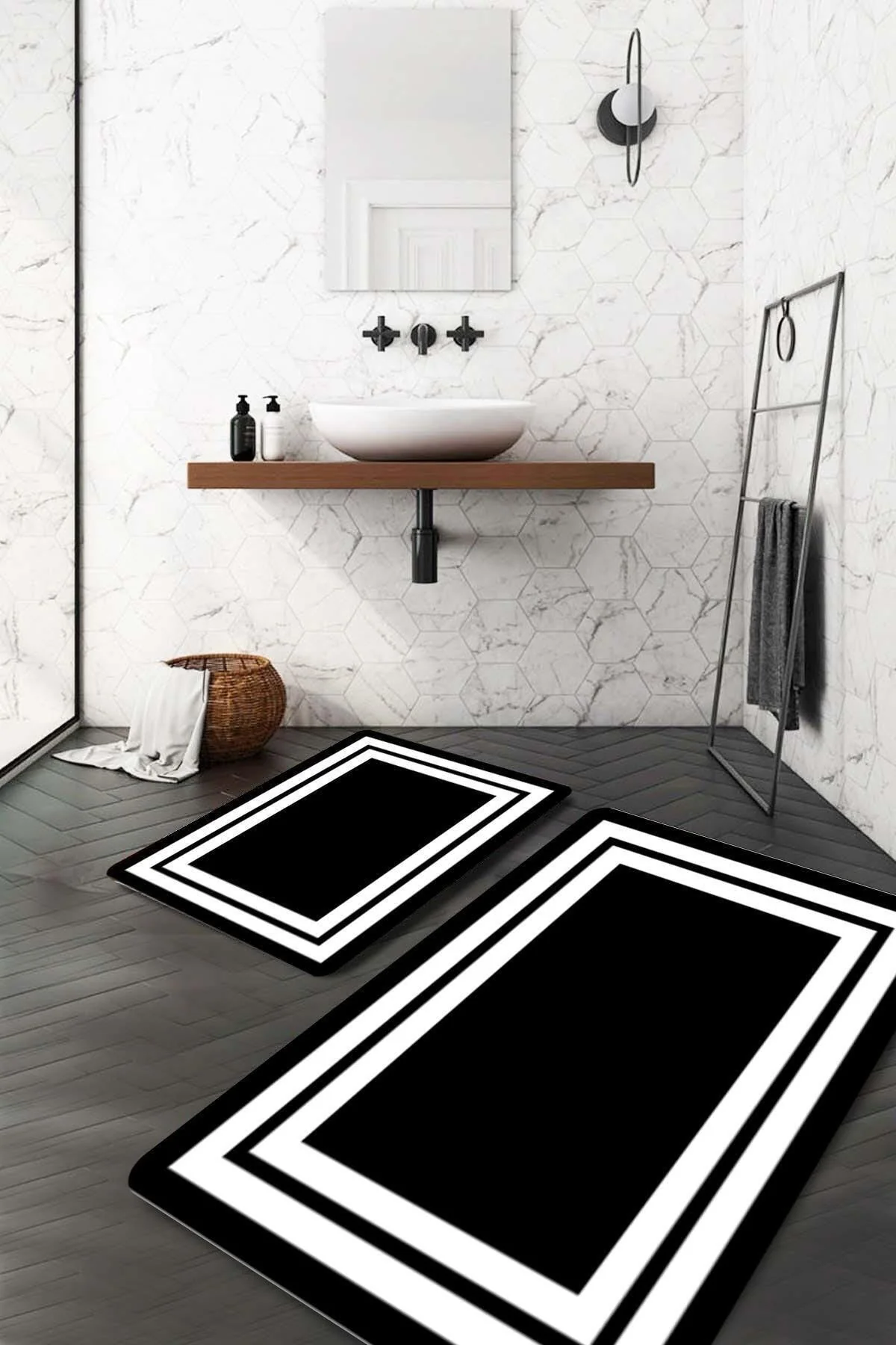 Non-slip two-part anti-bacterial bath mat with white border