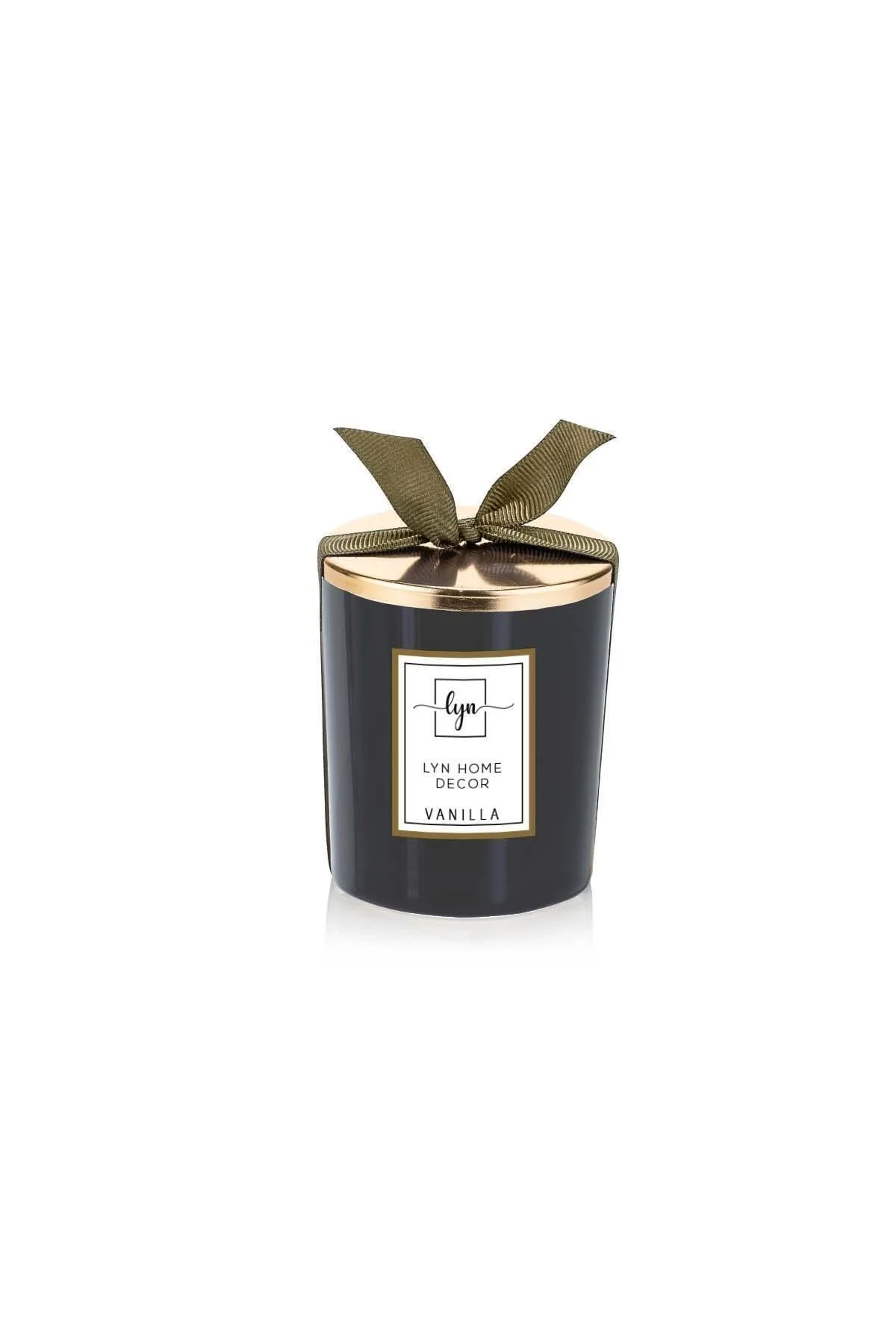 Black vanilla scented candle with gold lid and ribbon
