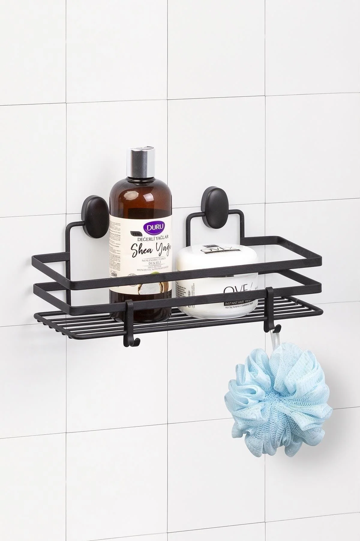 Black bathroom shelf with hooks and dowel mounting kit