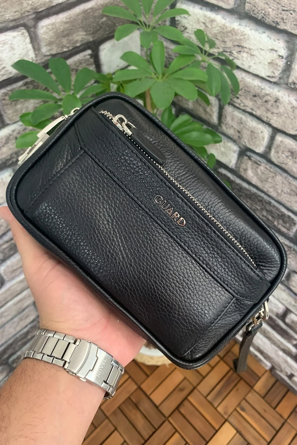 Black genuine leather password handbag with secure compartments and combination lock