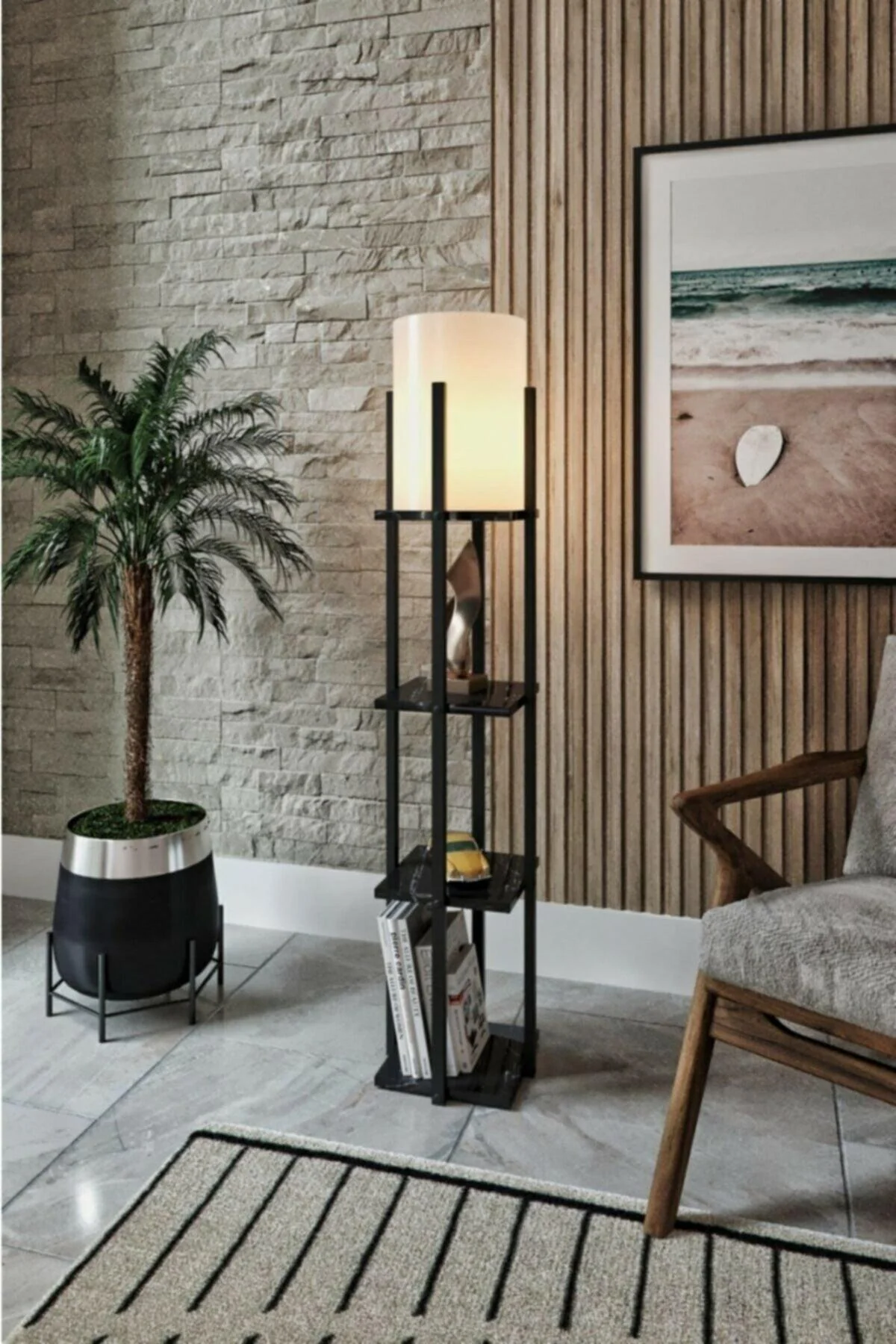 Black marble patterned floor lamp with integrated shelf
