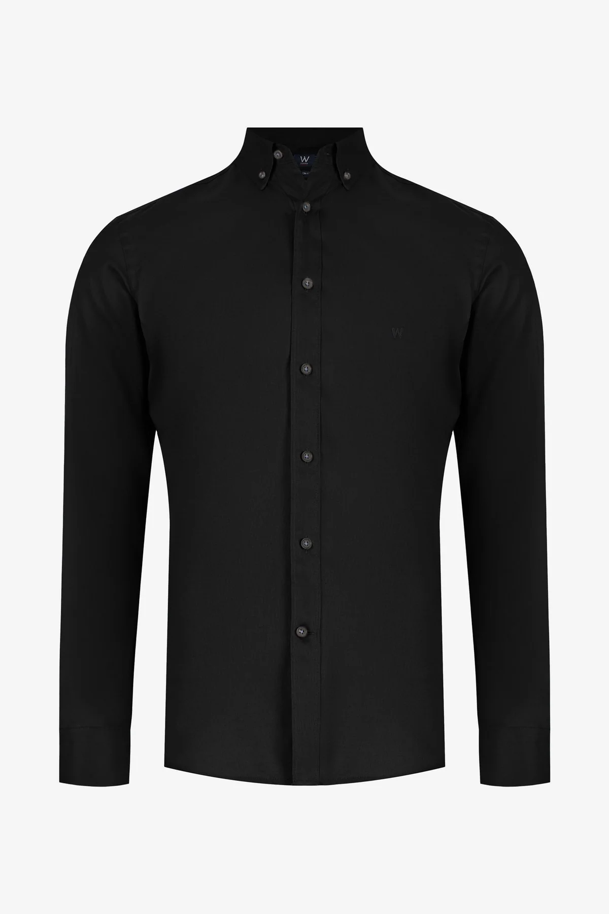 Men's black oxford dress shirt with button-down collar and long sleeves