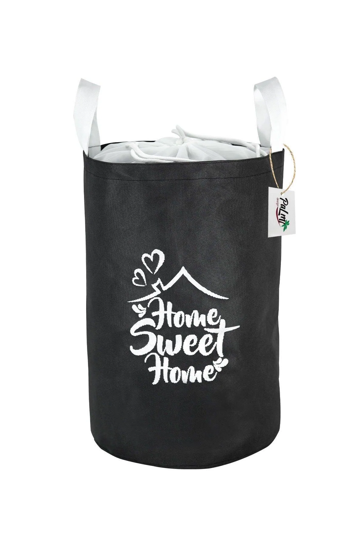 Black portable laundry basket with printed fabric cover