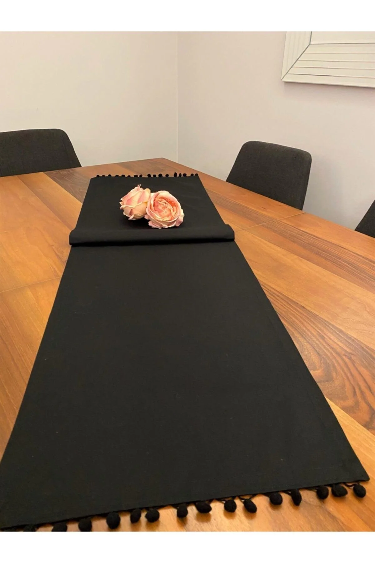 Black cotton table runner with pom-pom trim 40x140 cm