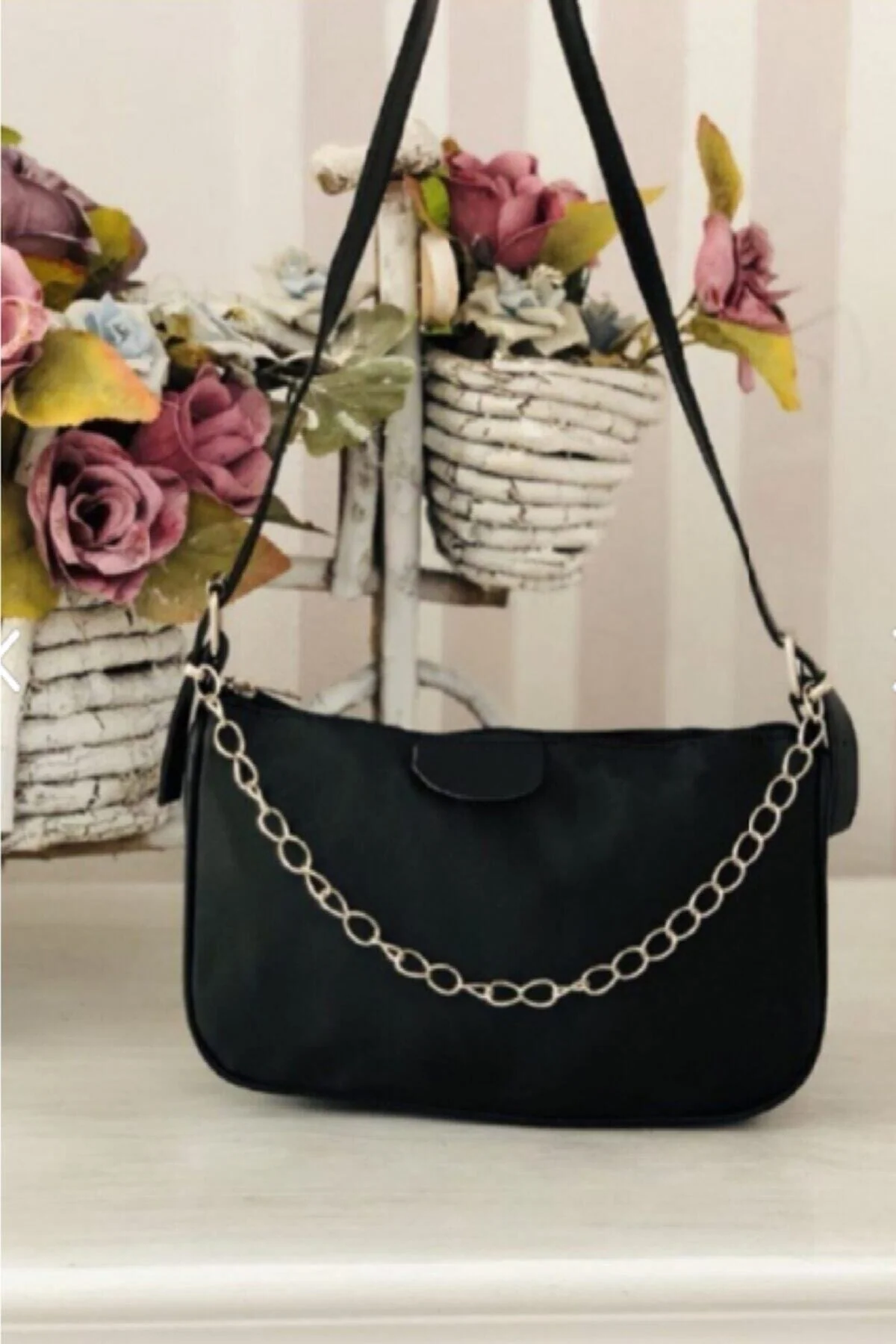 Black Mini Chain Baguette Purse in Satin