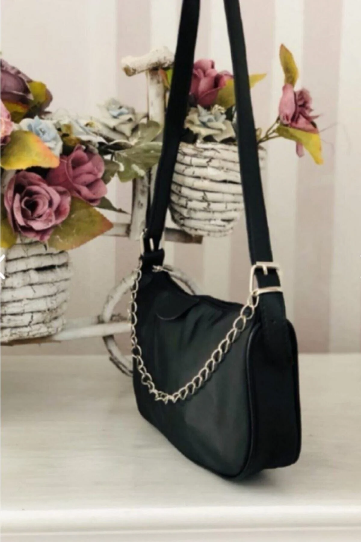 Black Mini Chain Baguette Purse in Satin