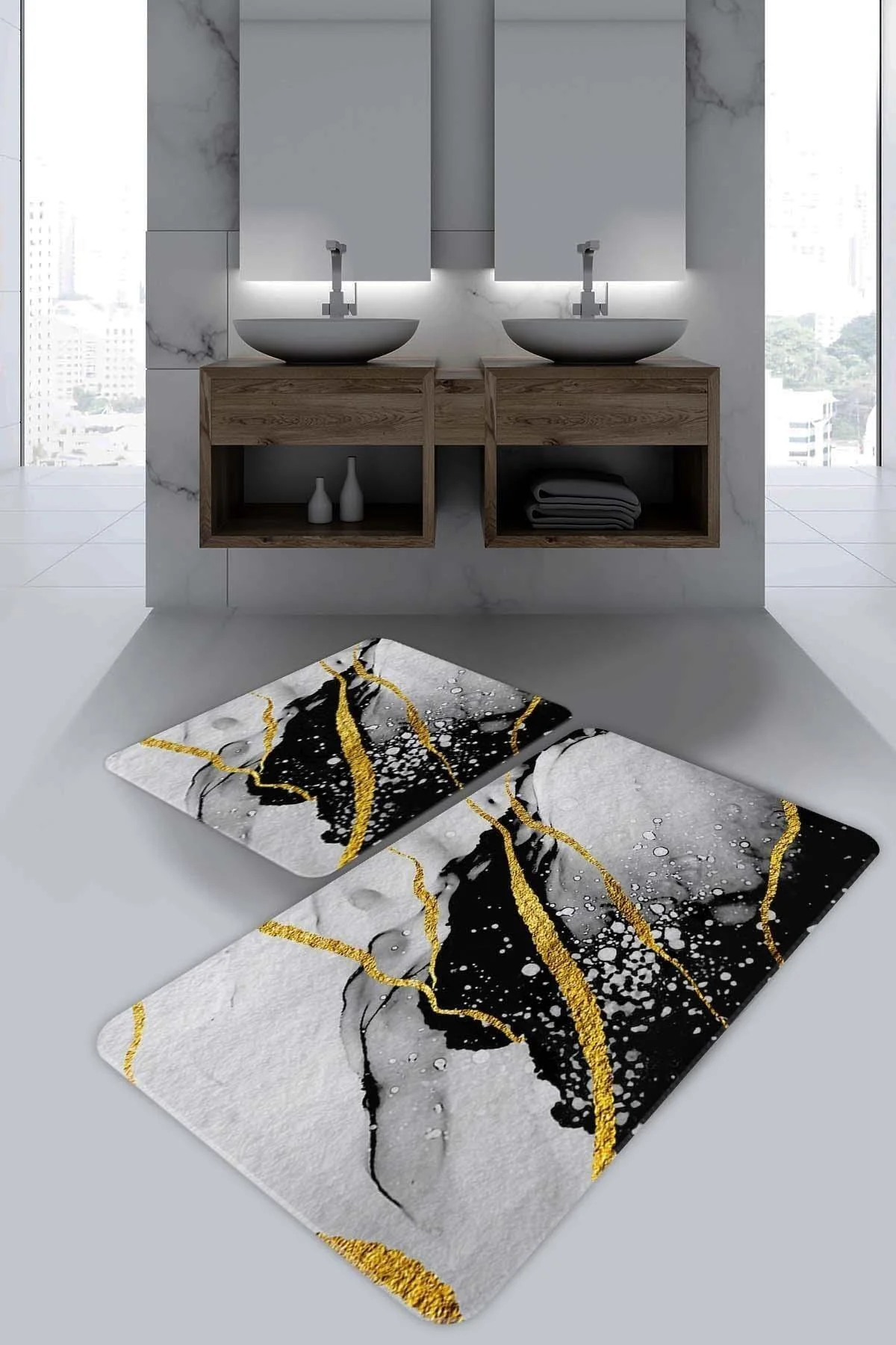 Black and yellow patterned anti-slip bathroom mat set