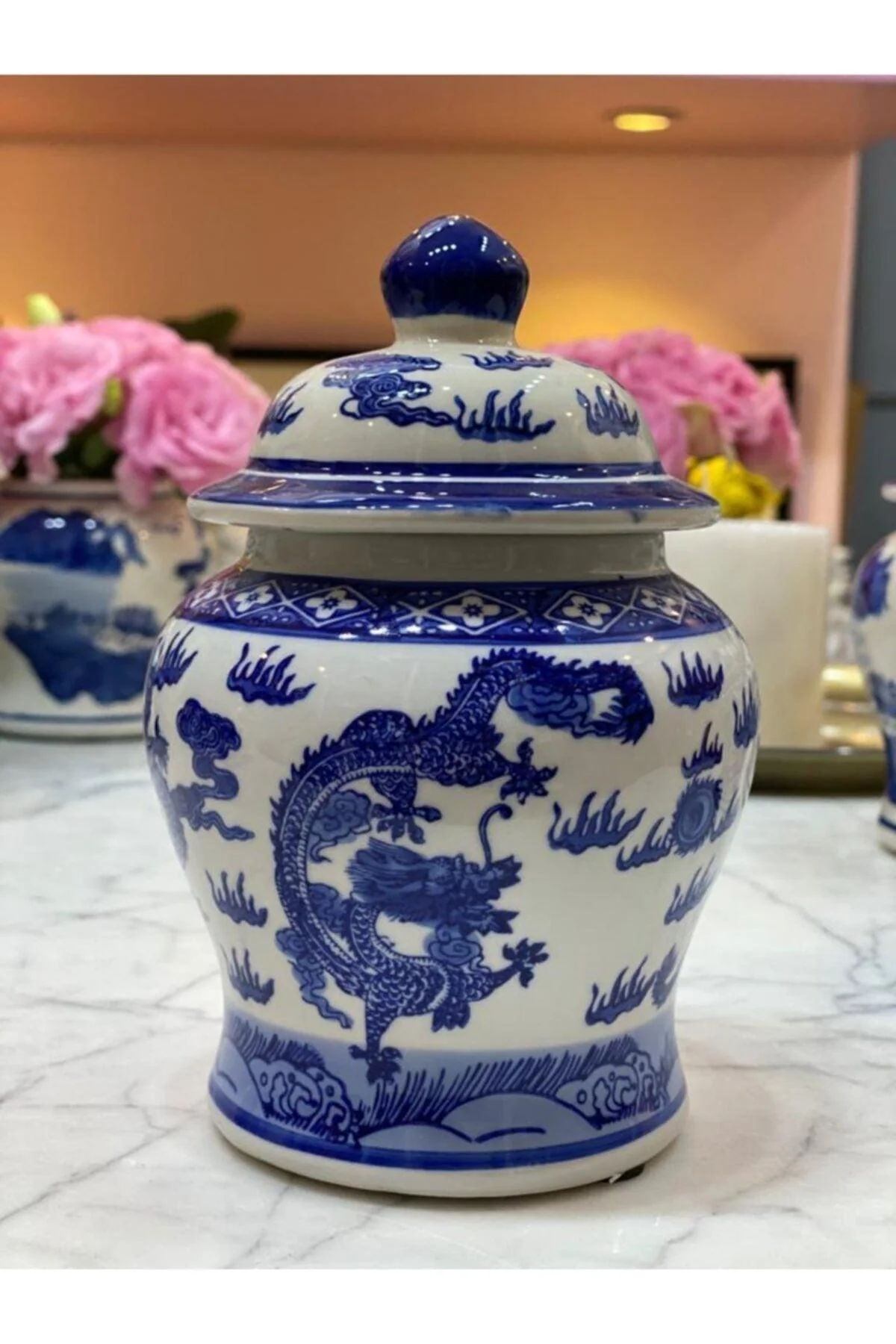 18 cm Tall Blue and White Dragon Pattern Ceramic Cube