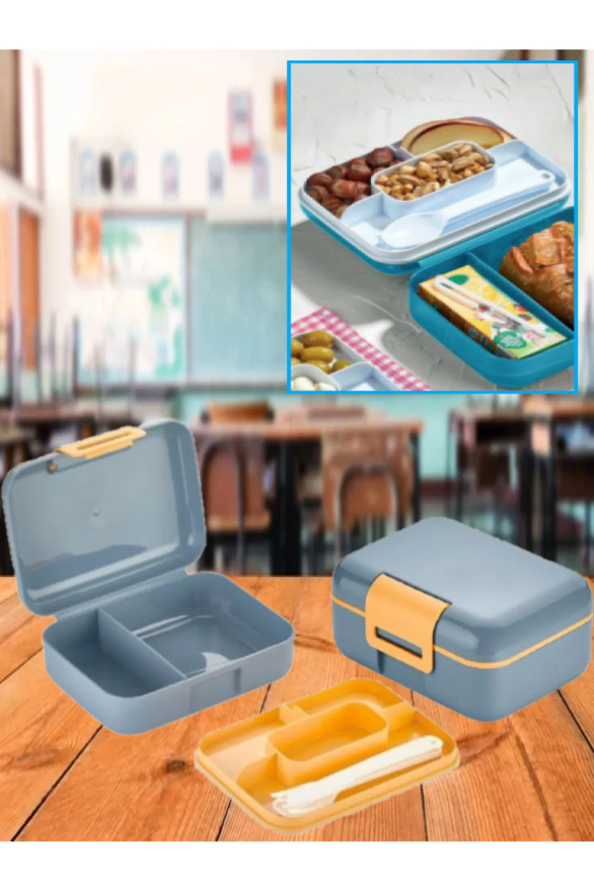 Collapsible two-tier locked lunch box with cutlery set, blue