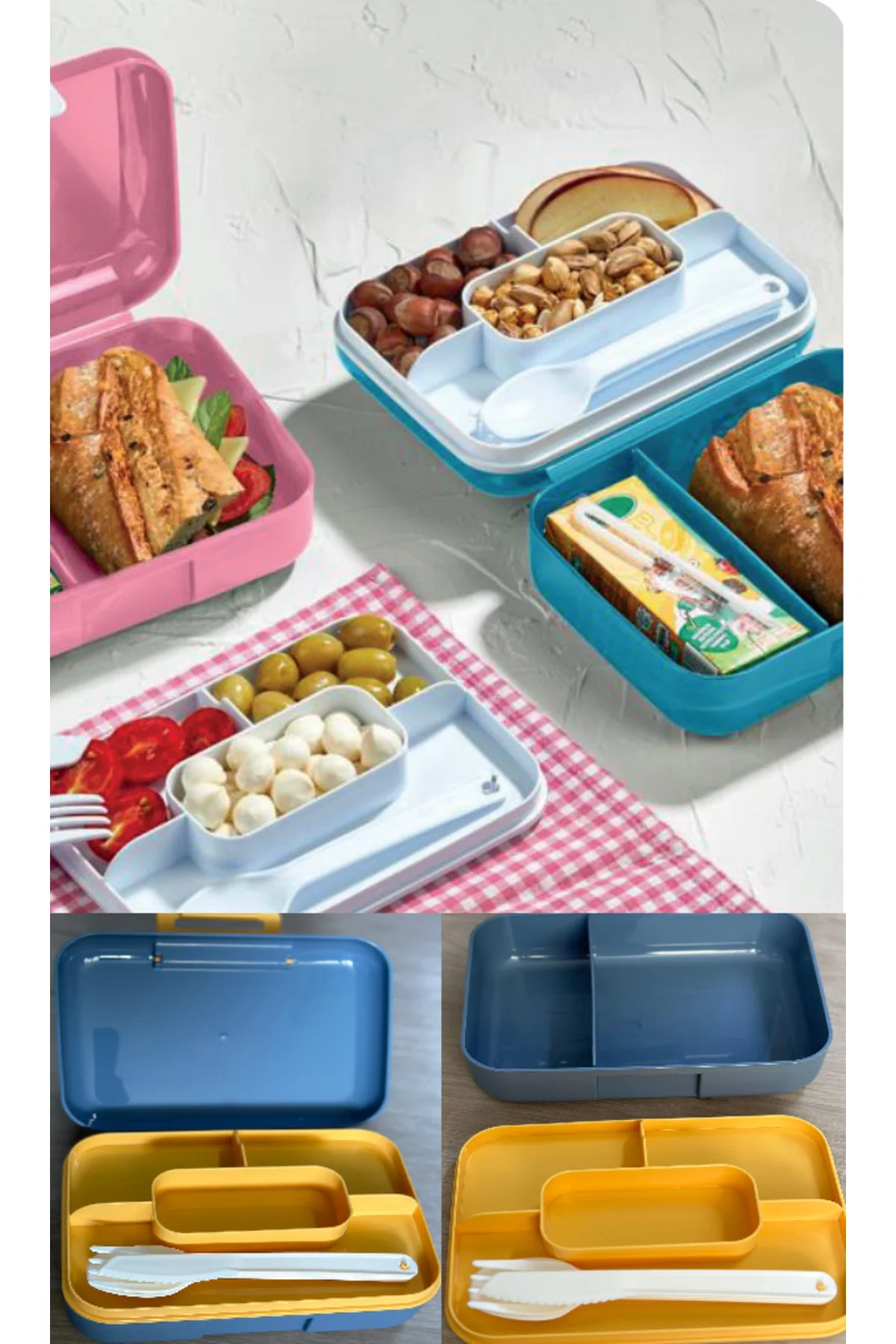 Collapsible two-tier locked lunch box with cutlery set, blue