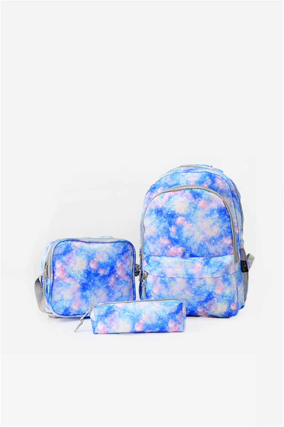 Blue patterned triple school bag set with lunch box and pen holder