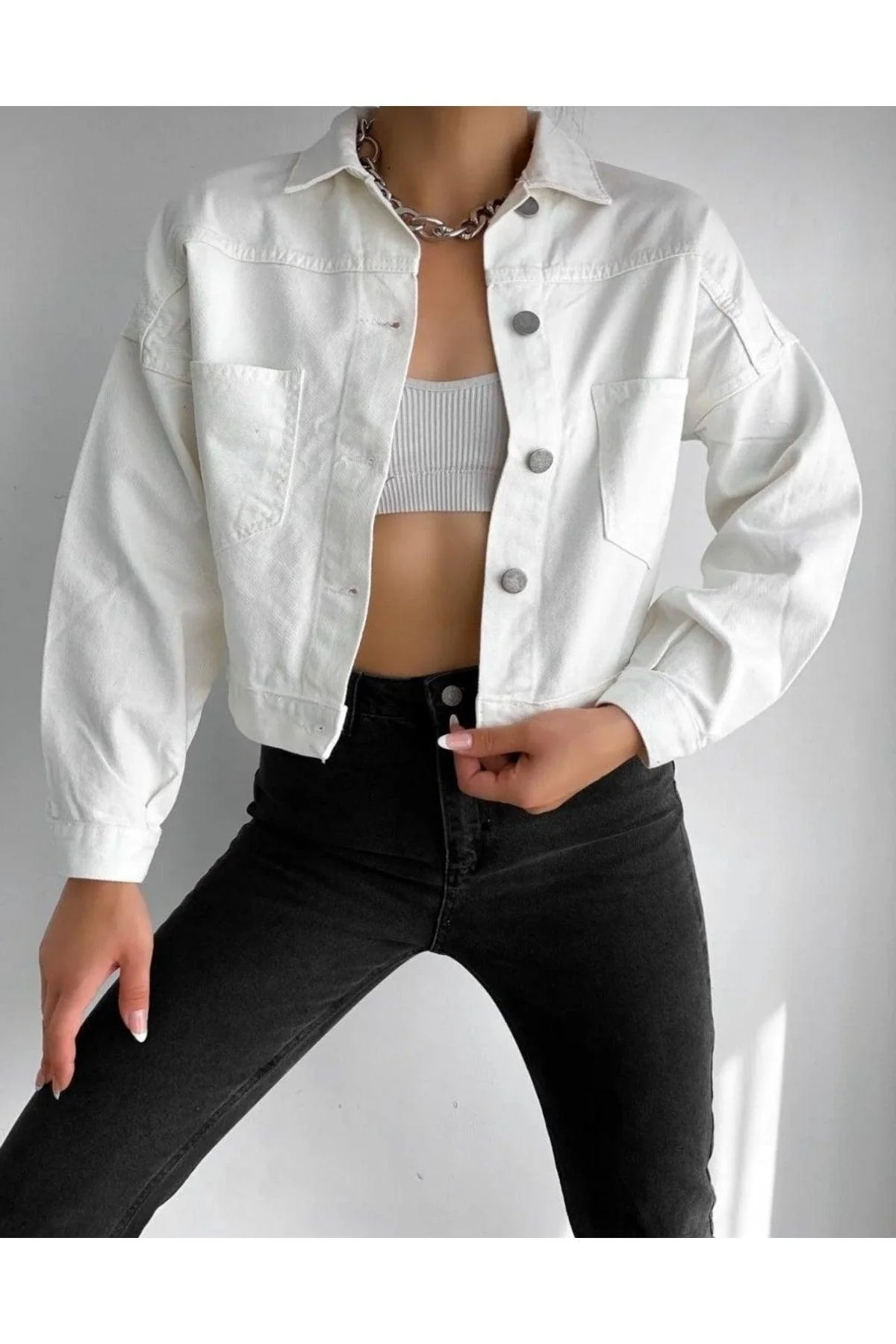 Blue cropped denim jacket with neck closure medium size