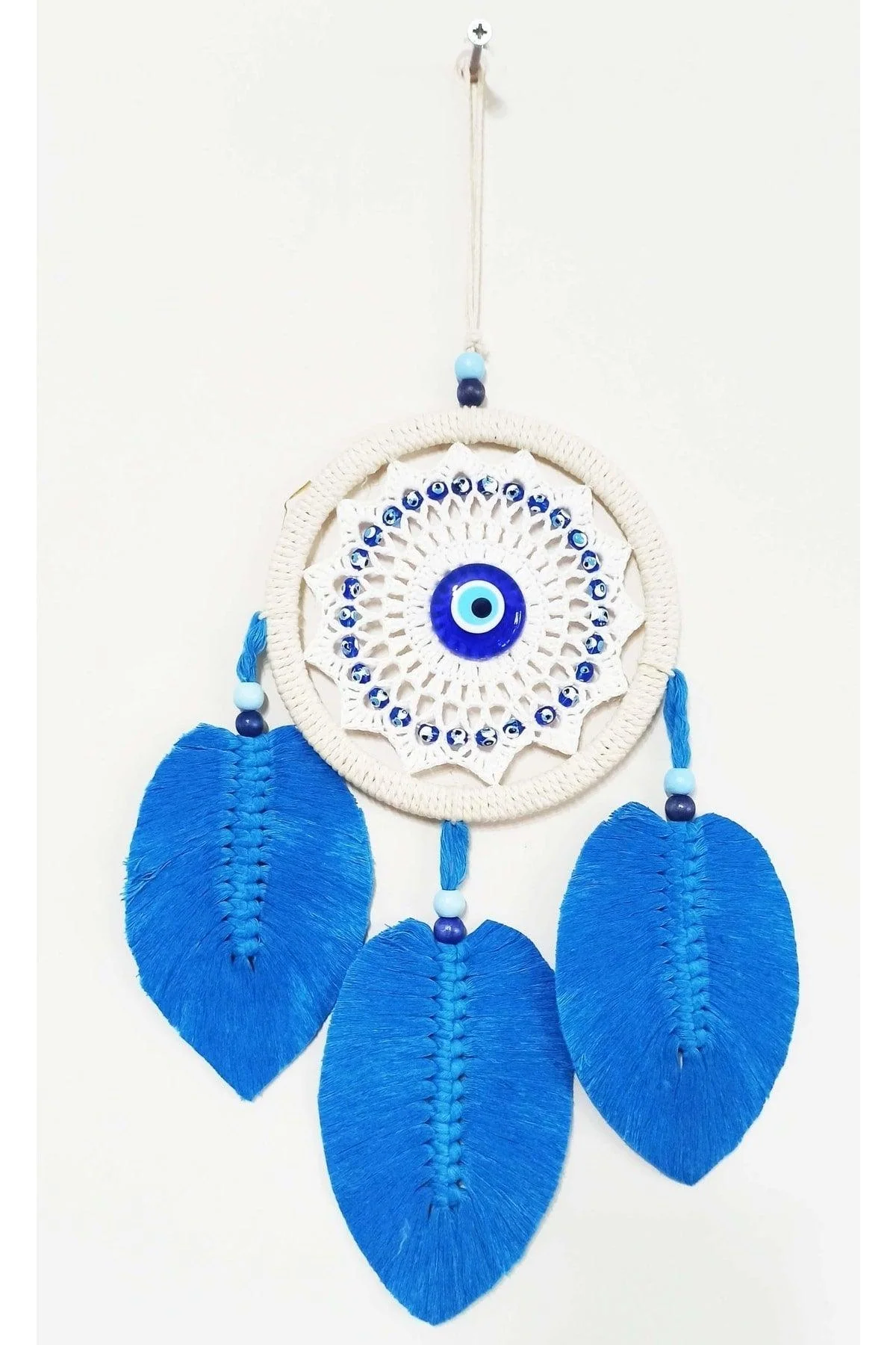 Handmade Blue Leaf Evil Eye Macrame Wall Hanging Decor - 17 cm Bead Diameter