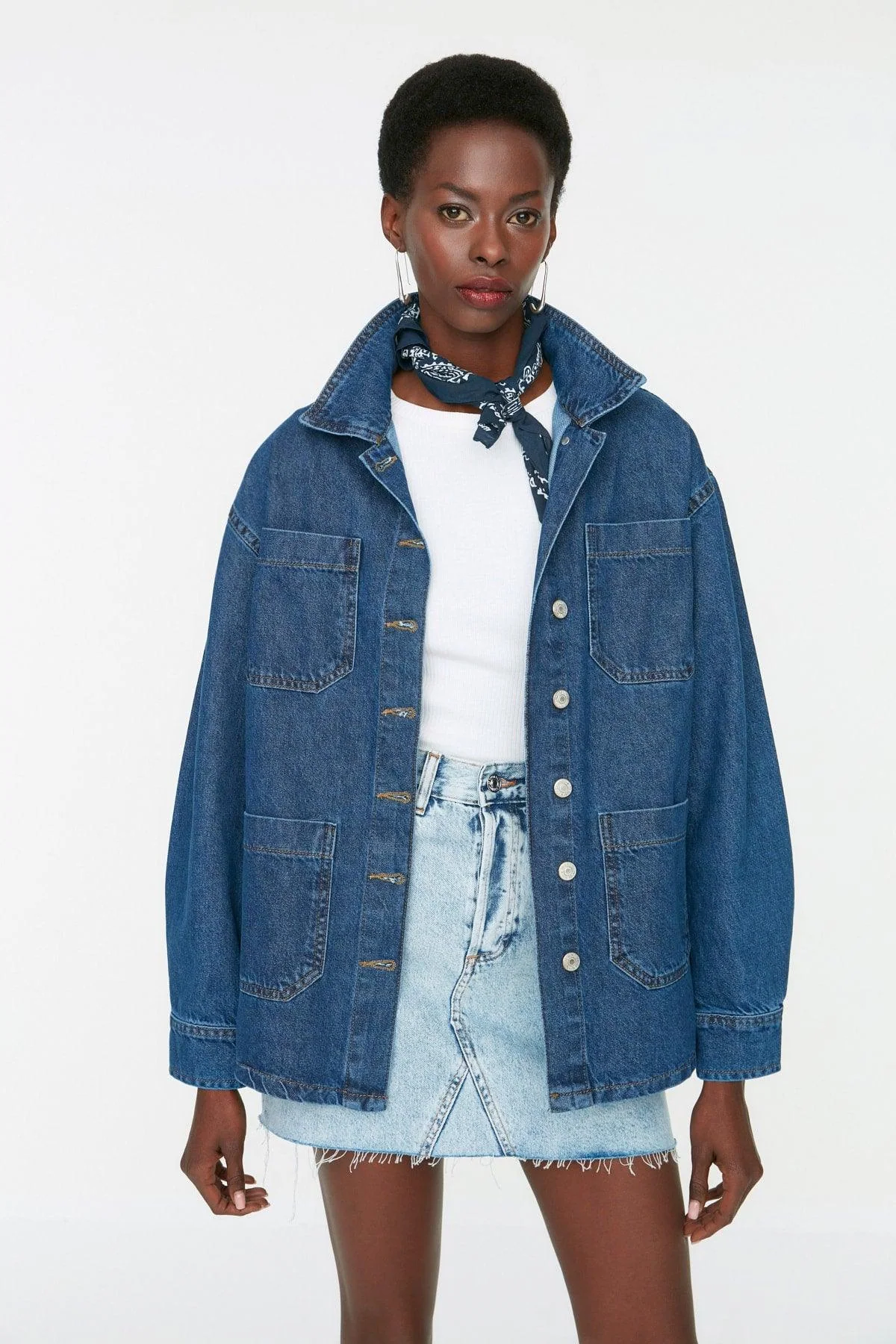 Blue oversized denim jacket with patch pockets