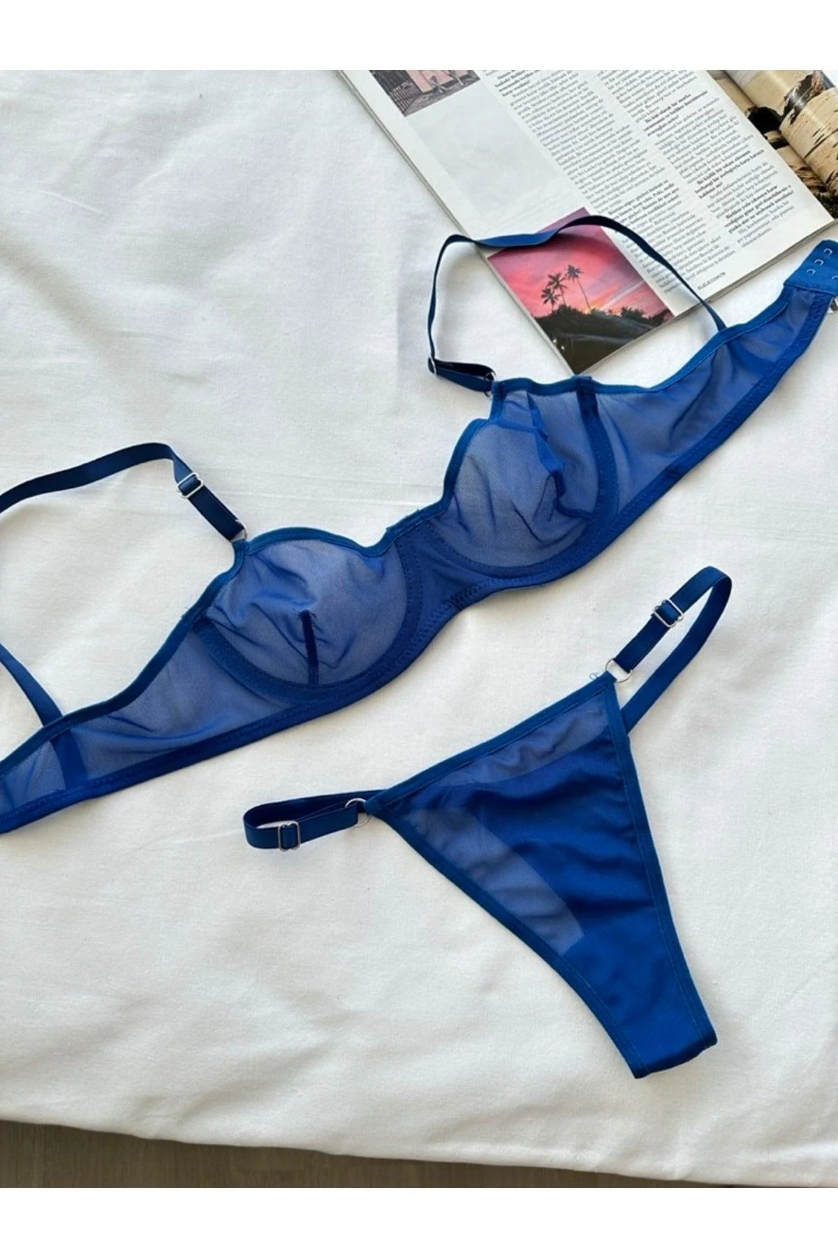 Women's Blue Underwire Bra and Thong Set - Available in Cross Sizes