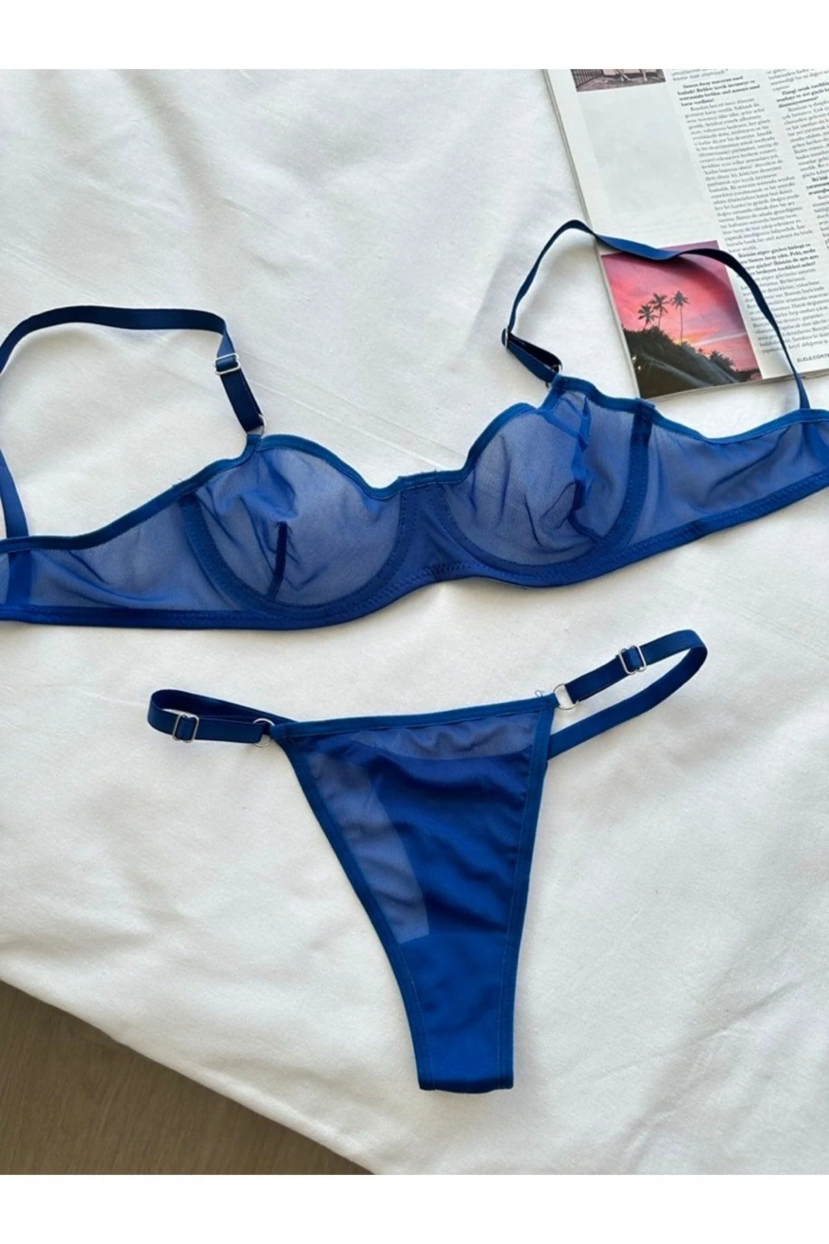 Women's Blue Underwire Bra and Thong Set - Available in Cross Sizes