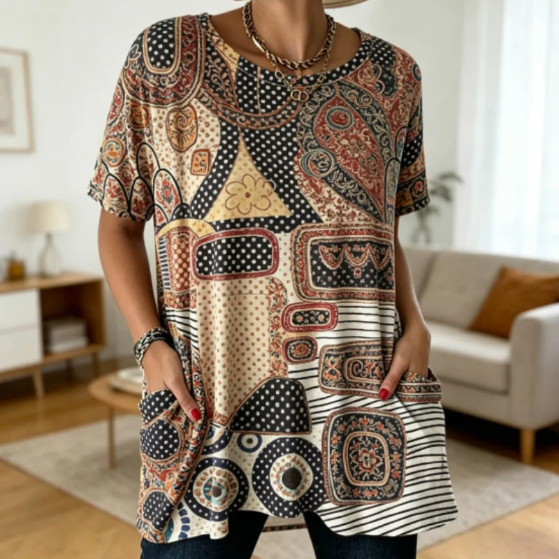 Boho Patchwork Print Tunic Top With Pockets - Relaxed Fit