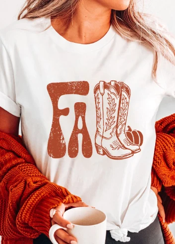 Bold White Graphic Tee for Fall Boots Style