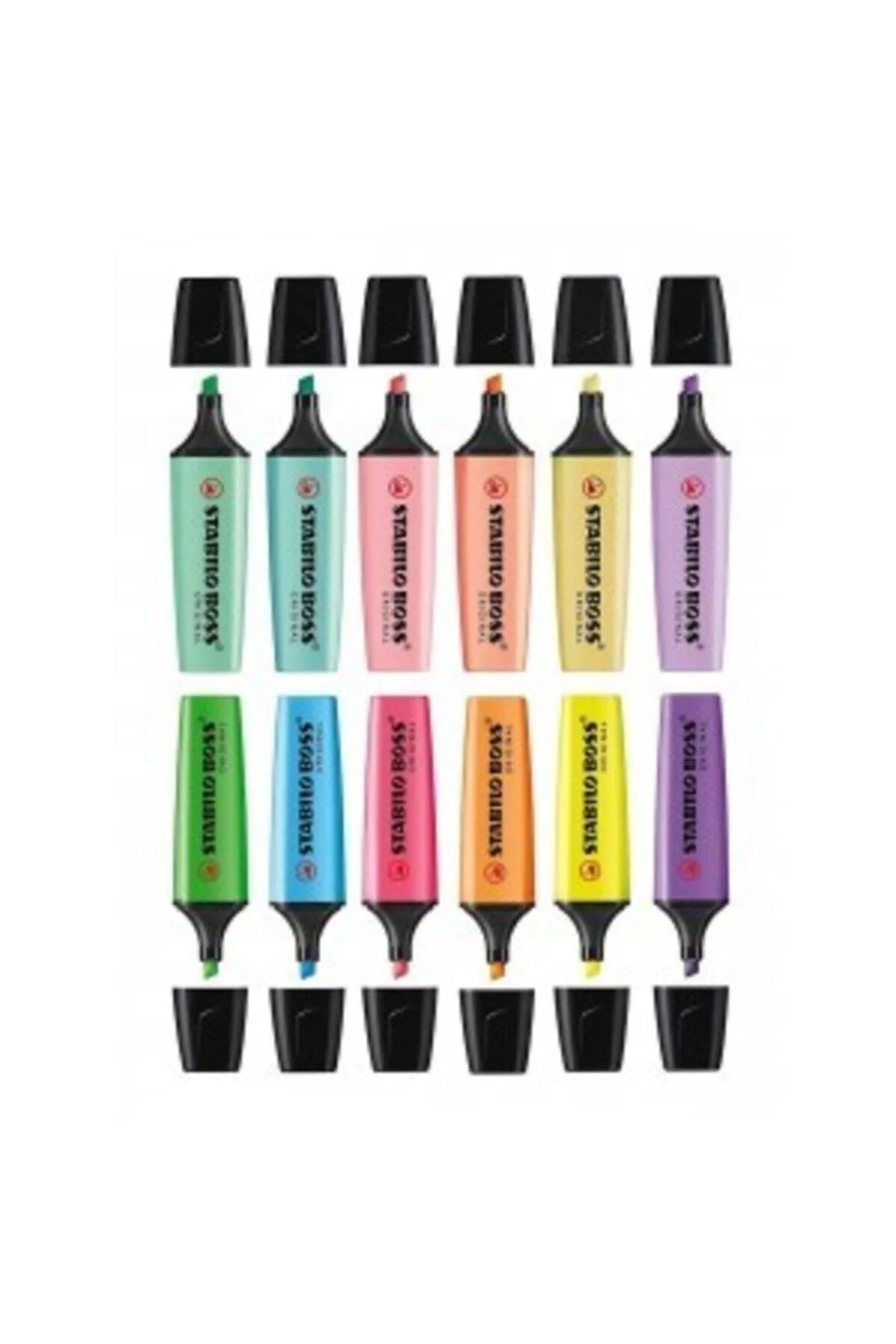 12-color highlighter set with pastel shades in cardboard box