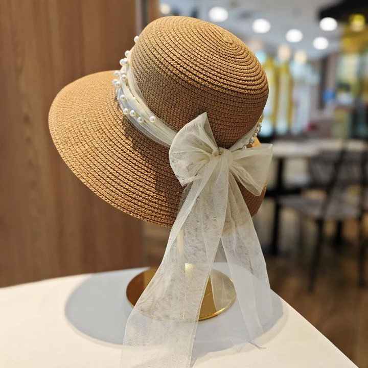 Breathable Sun Hat with Pearl Lace Bow