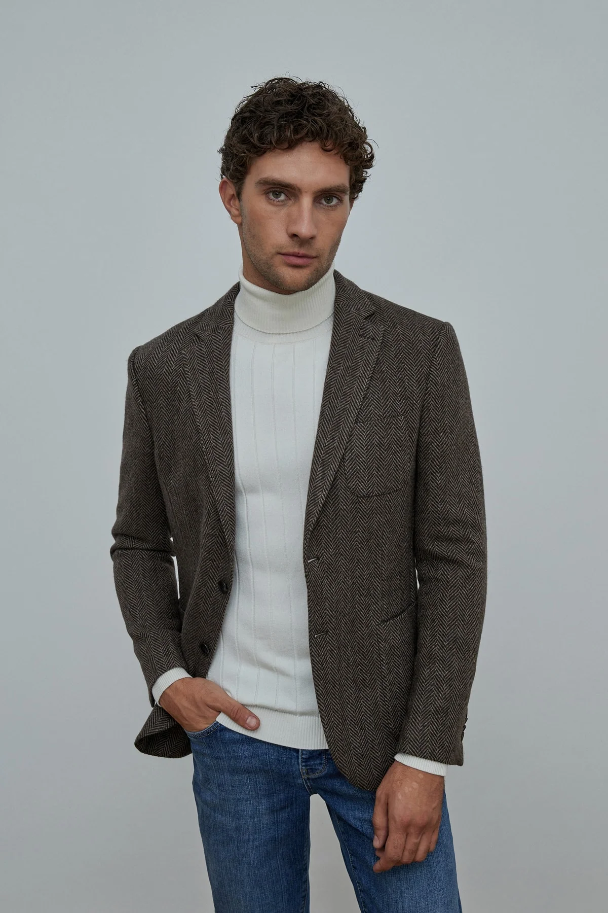Men's brown herringbone wool-blend jacket