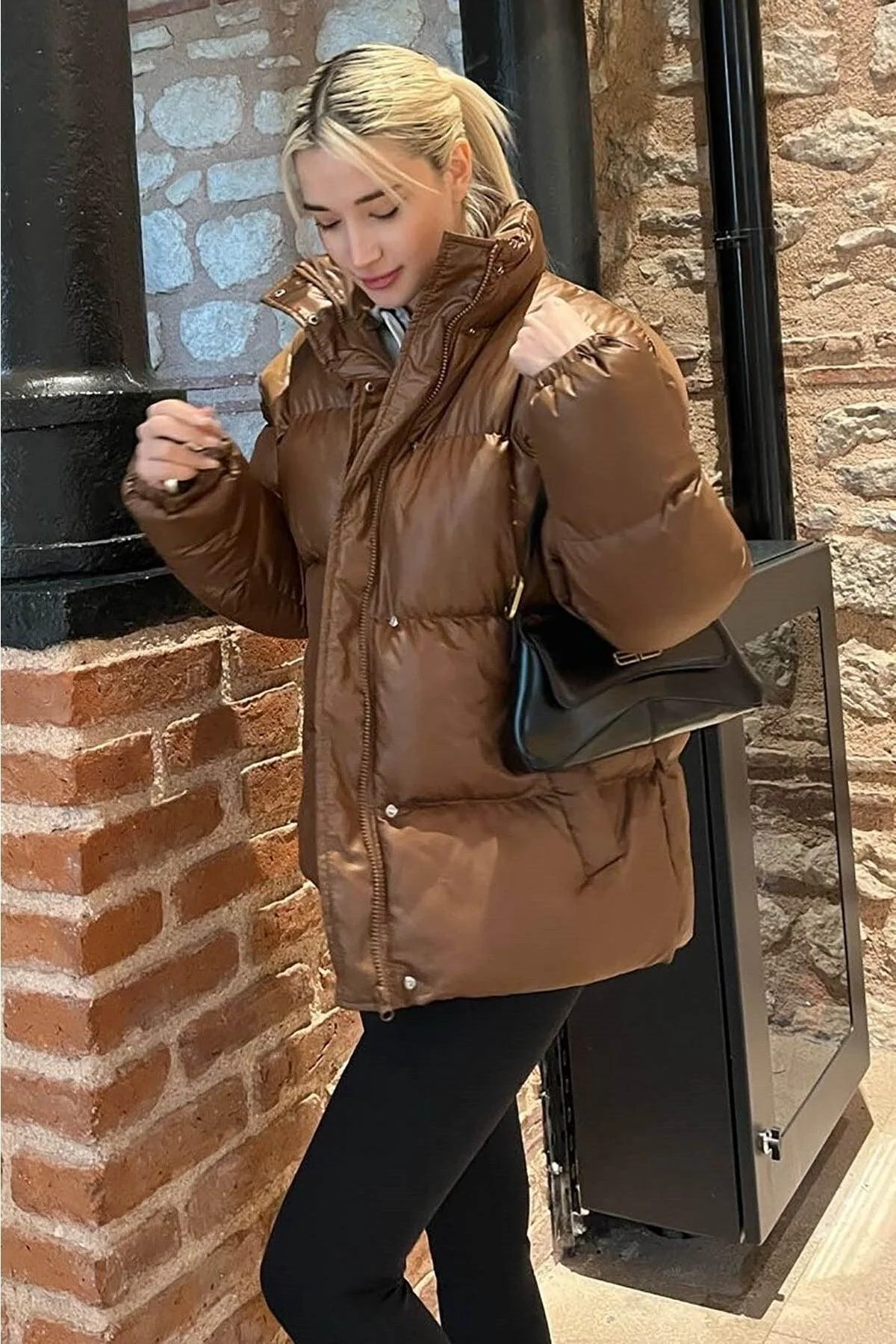 Brown Oversized Women's Down Jacket with Polyester Fill
