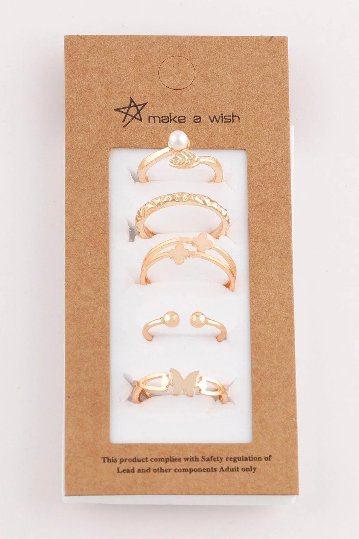 Five-piece adjustable ring set with butterfly and leaf motifs