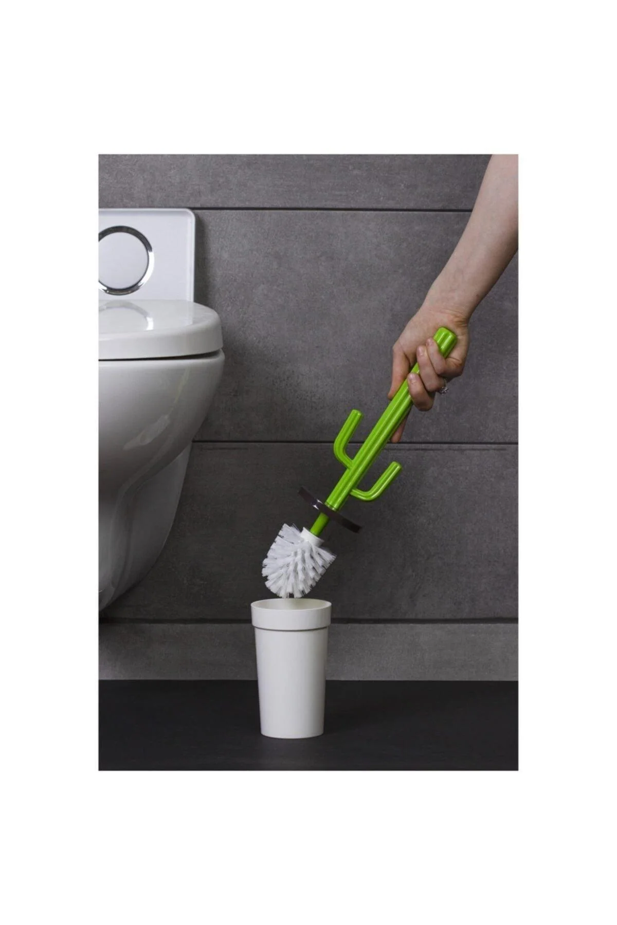 White Cactus-Print Bathroom Toilet Brush Set, 39.5cm Tall, Plastic