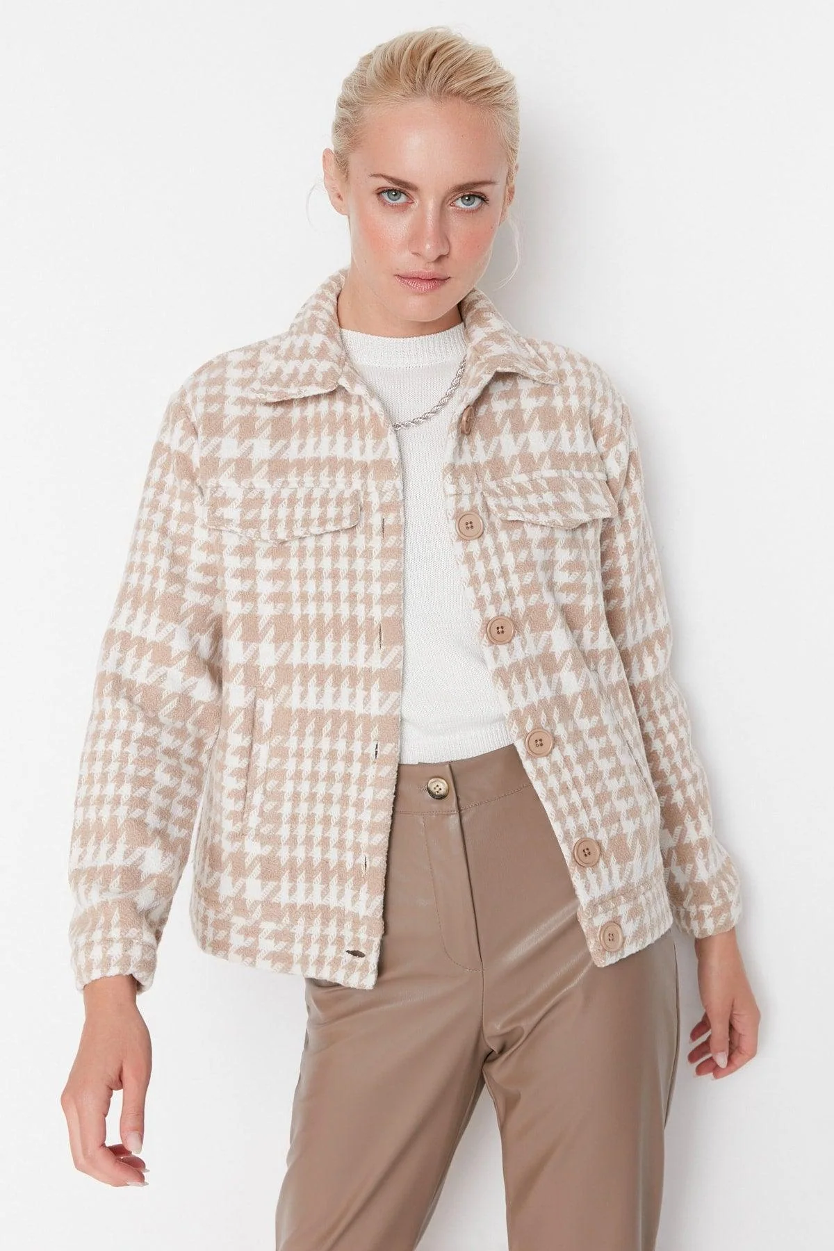 Camel button-up jacket with stamp fabric detail