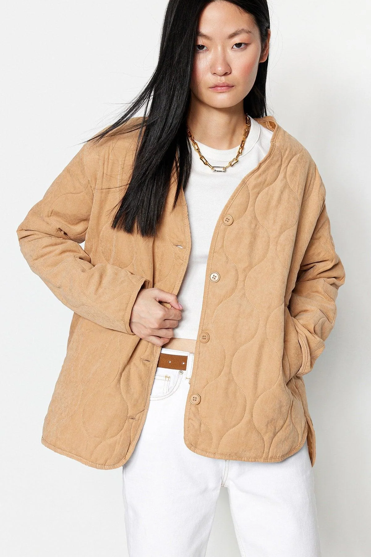 Camel Oversized Quilted Coat with Button Closure