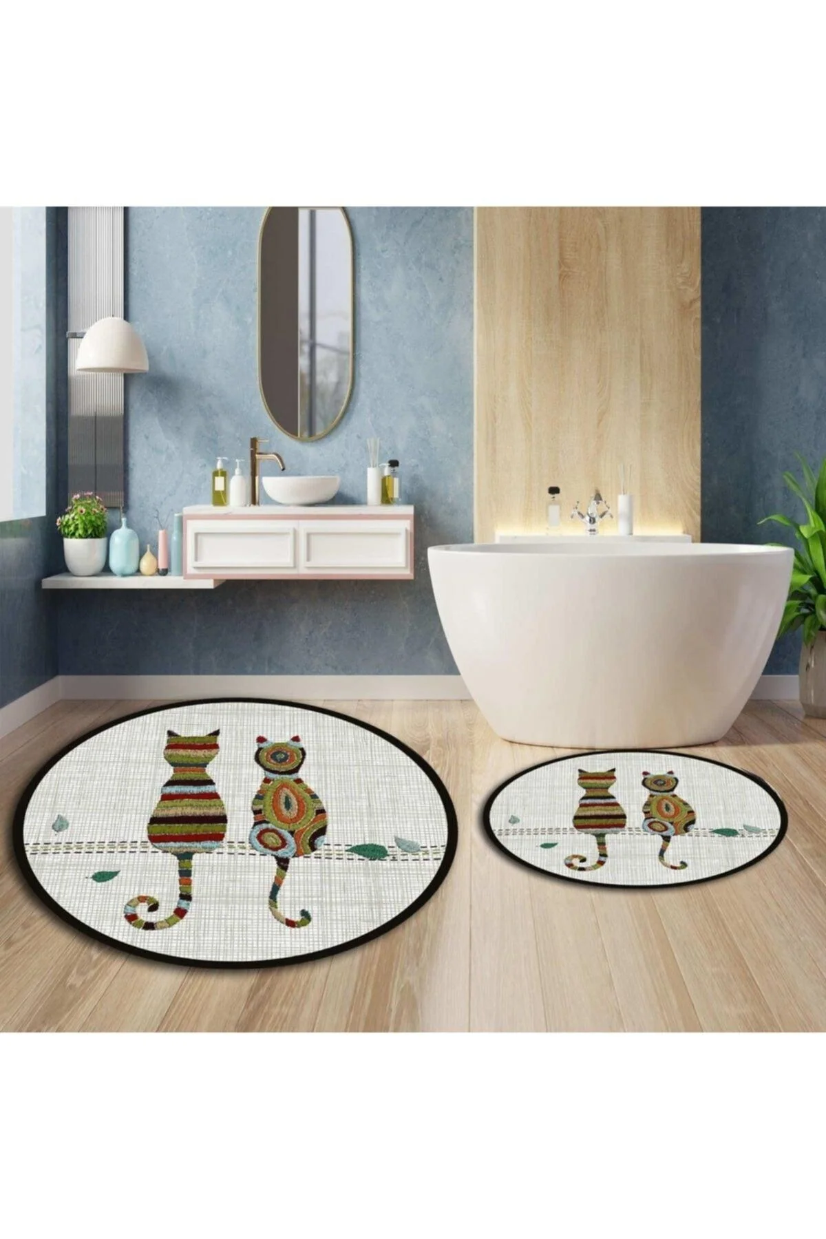 Cat Pattern Bathroom Rug Set with Non-Slip Base