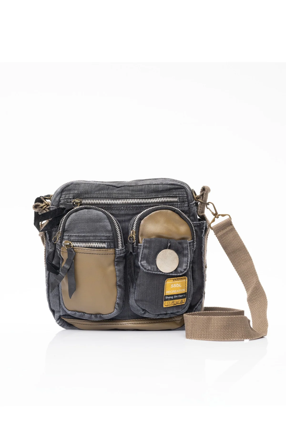 Medium canvas shoulder bag with faux leather straps and pockets