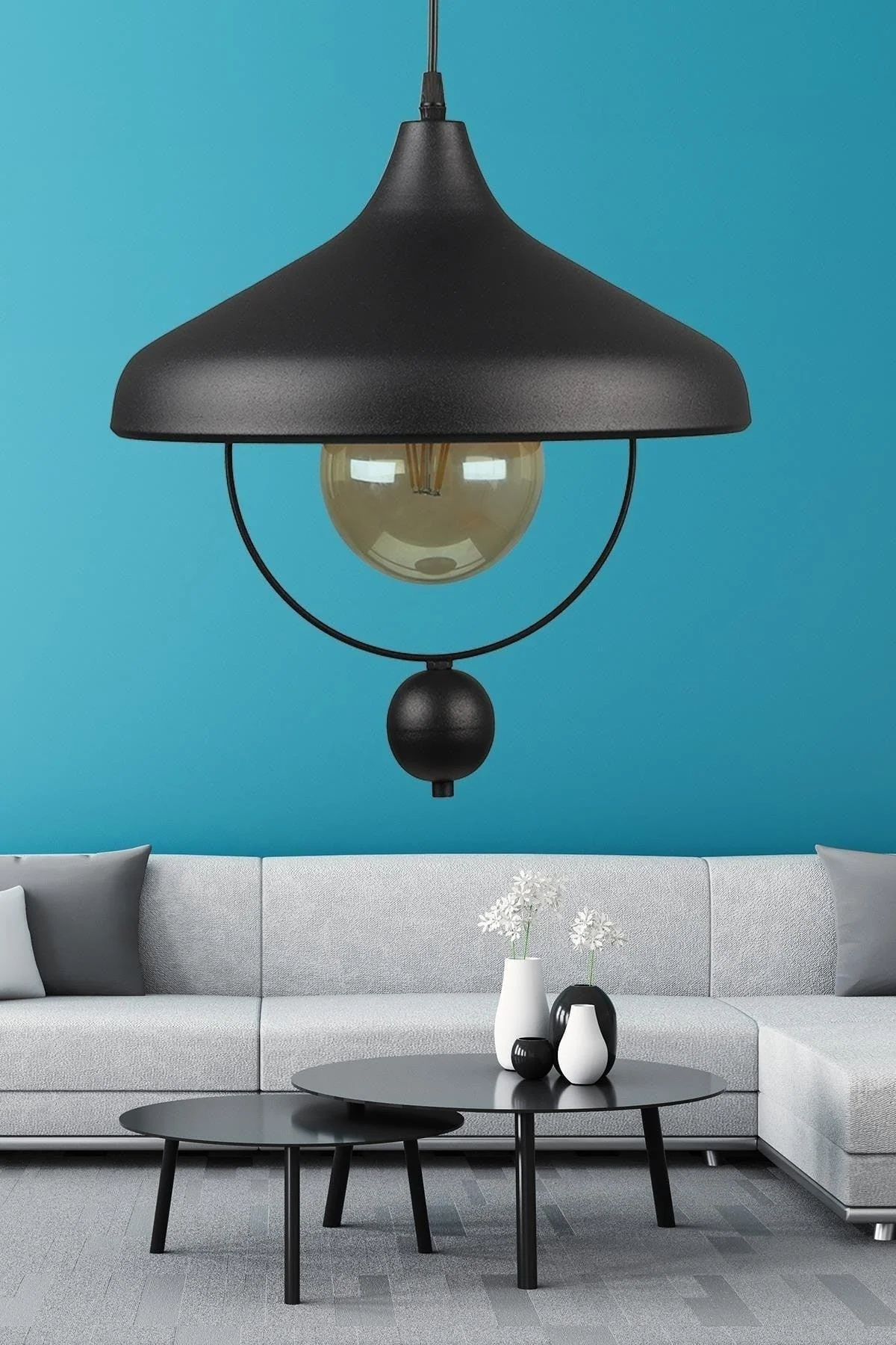 Black metal single chandelier with electrostatic paint, 35 cm diameter