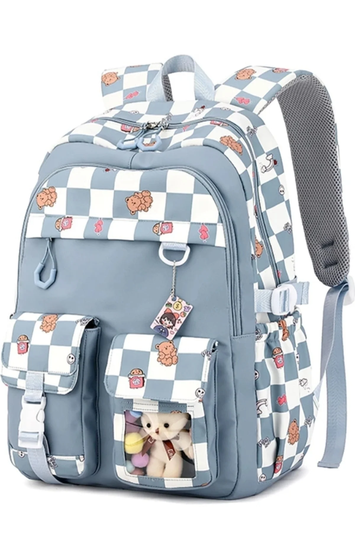 Checked school backpack with waterproof fabric